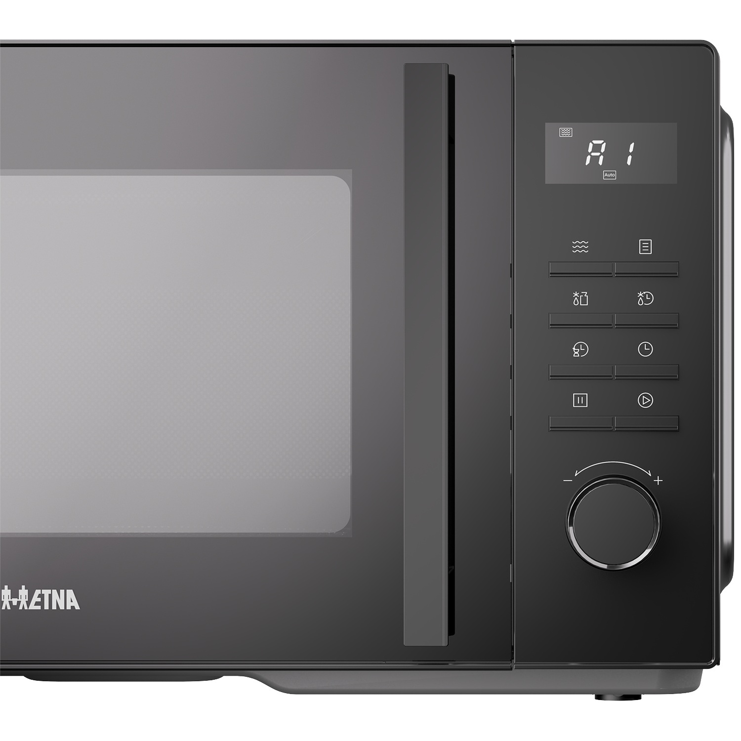 Black microwave with digital display, touch buttons, and a rotary knob on the right side.