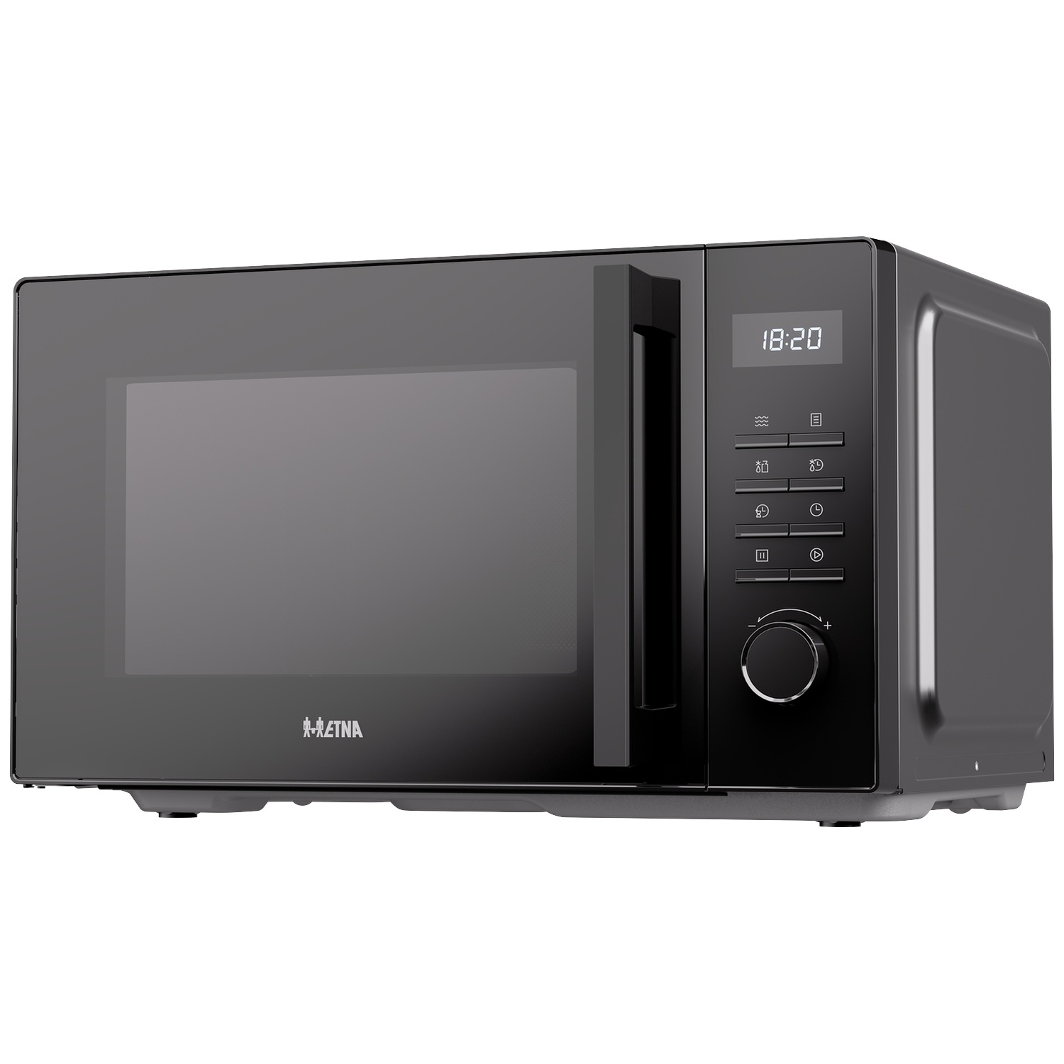 A modern black microwave with a digital display, buttons, and a rotary knob on the right side.