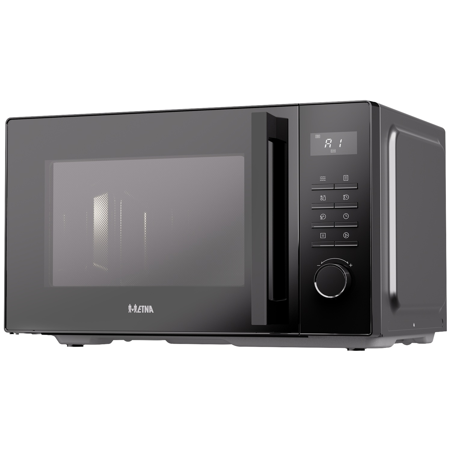 A black modern microwave with a digital display, push buttons, a dial, and a vertical handle on a white background.