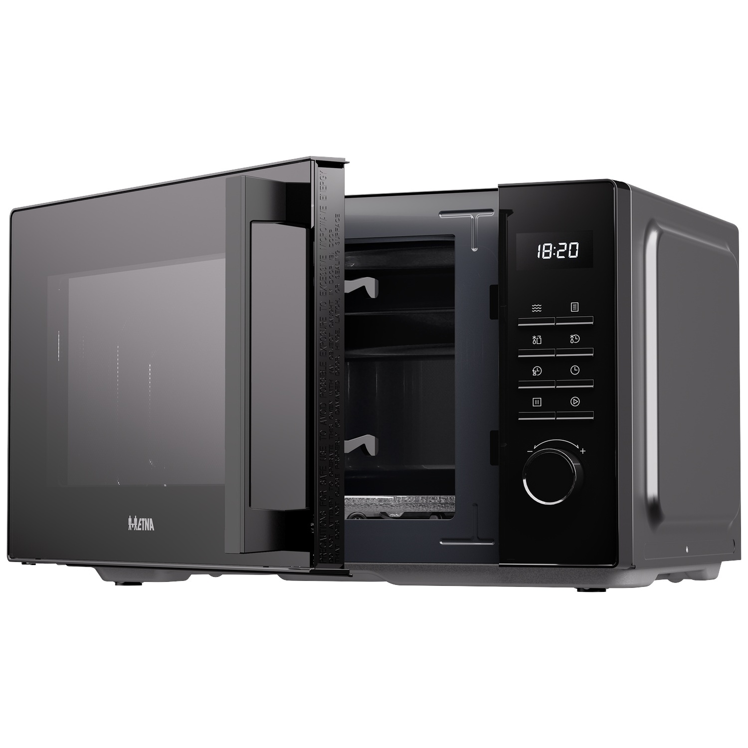 Black microwave with an open door and digital control panel.