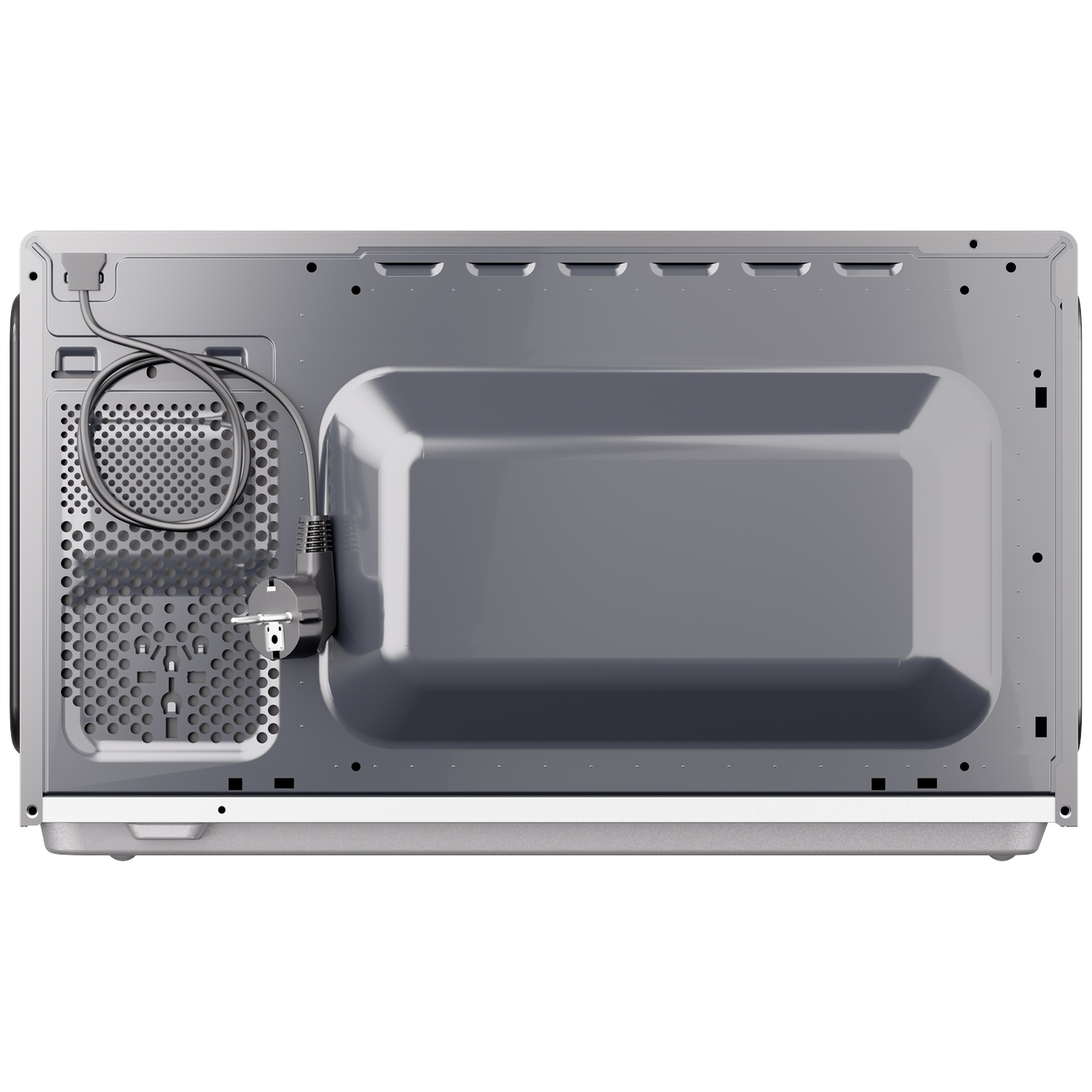 The gray back of a microwave shows a ventilation grille, a plugged-in cord, and a plug.
