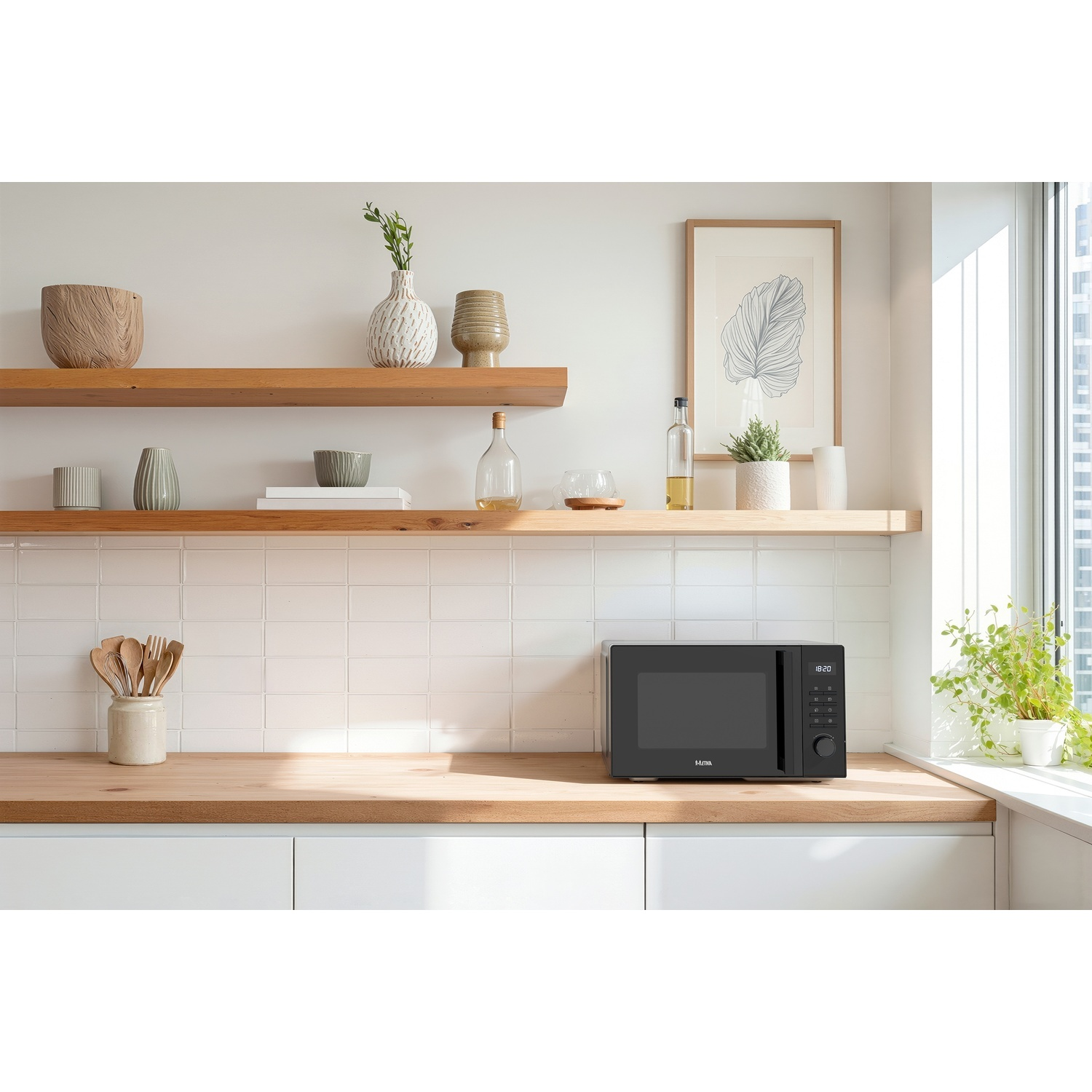 Modern kitchen featuring wooden shelves, white tiled backsplash, wood countertop, and a black microwave.