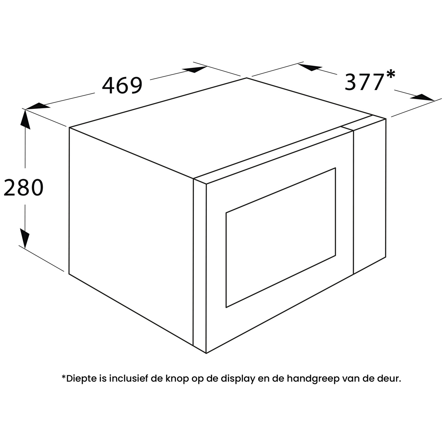 Technical drawing of a microwave with dimension markings.