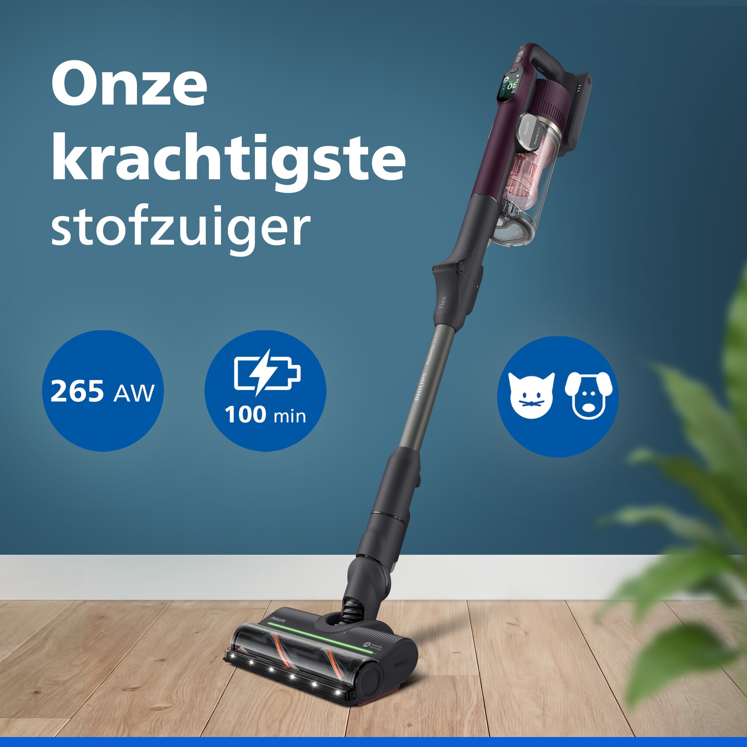 Cordless vacuum cleaner on wooden floor against a blue wall with text and icons.