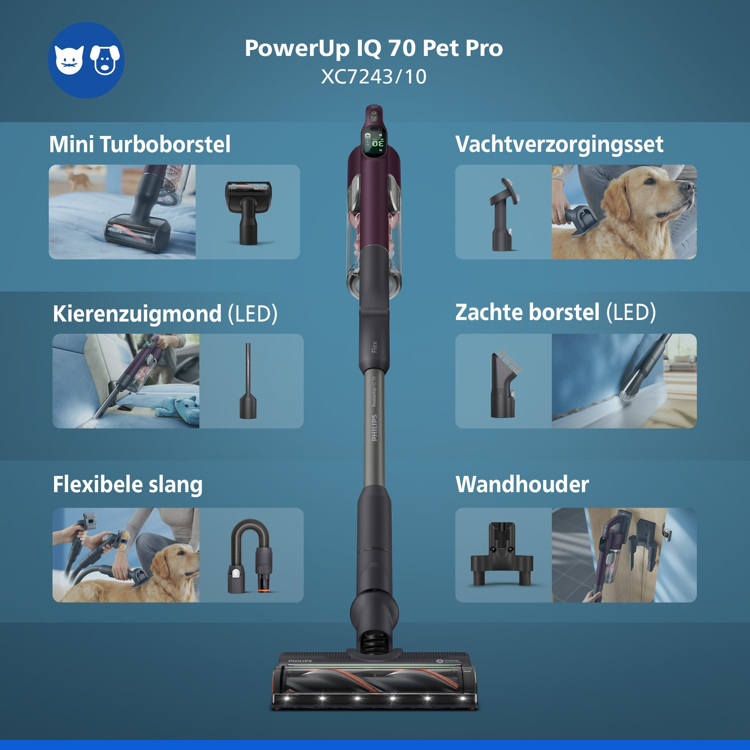 Philips PowerUp IQ 70 Pet Pro vacuum with accessories like mini turbo brush, LED crevice tool, and wall mount.