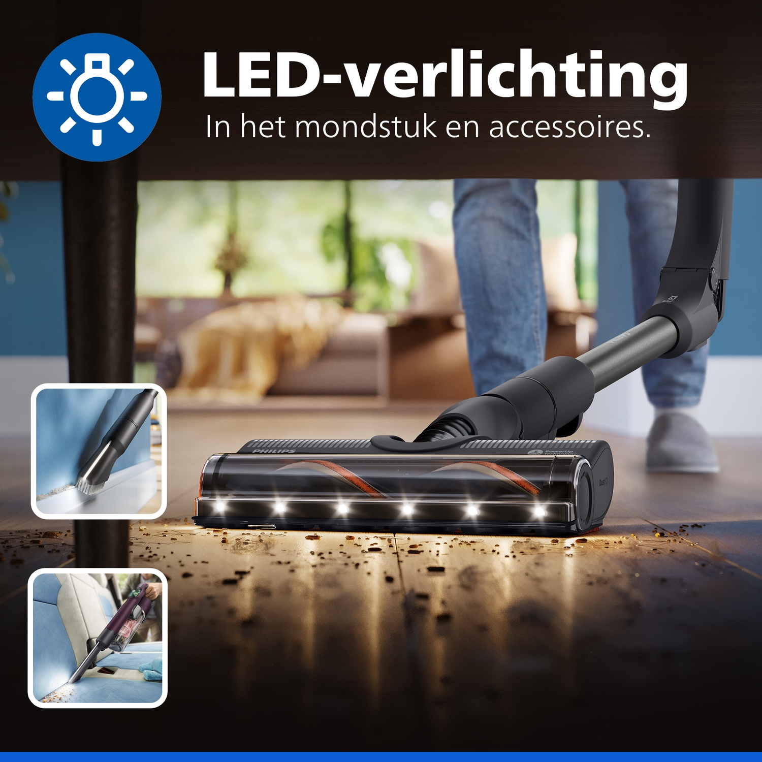 LED lighting in the nozzle and accessories of a vacuum cleaner on a wooden floor.