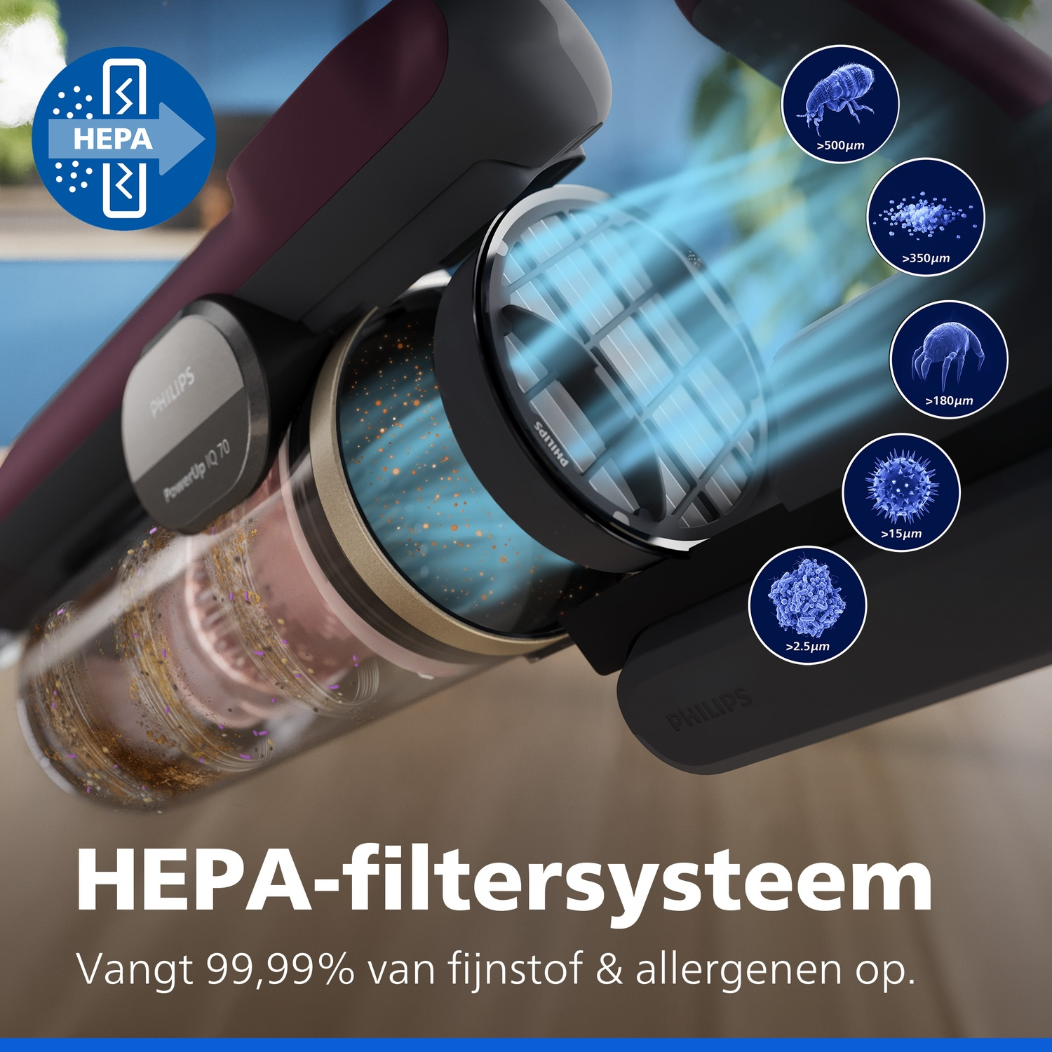 A HEPA filtration system diagram showing dust and allergens being captured.