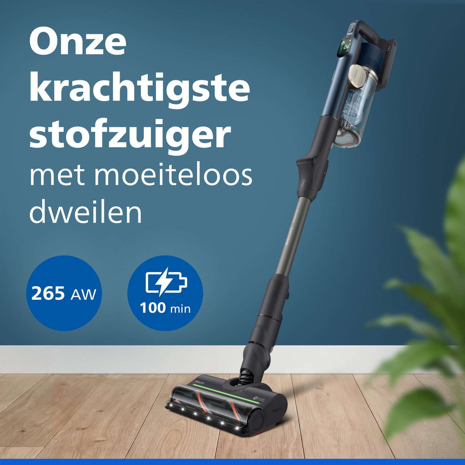 Philips cordless vacuum cleaner on wooden floor against blue background with promotional text.