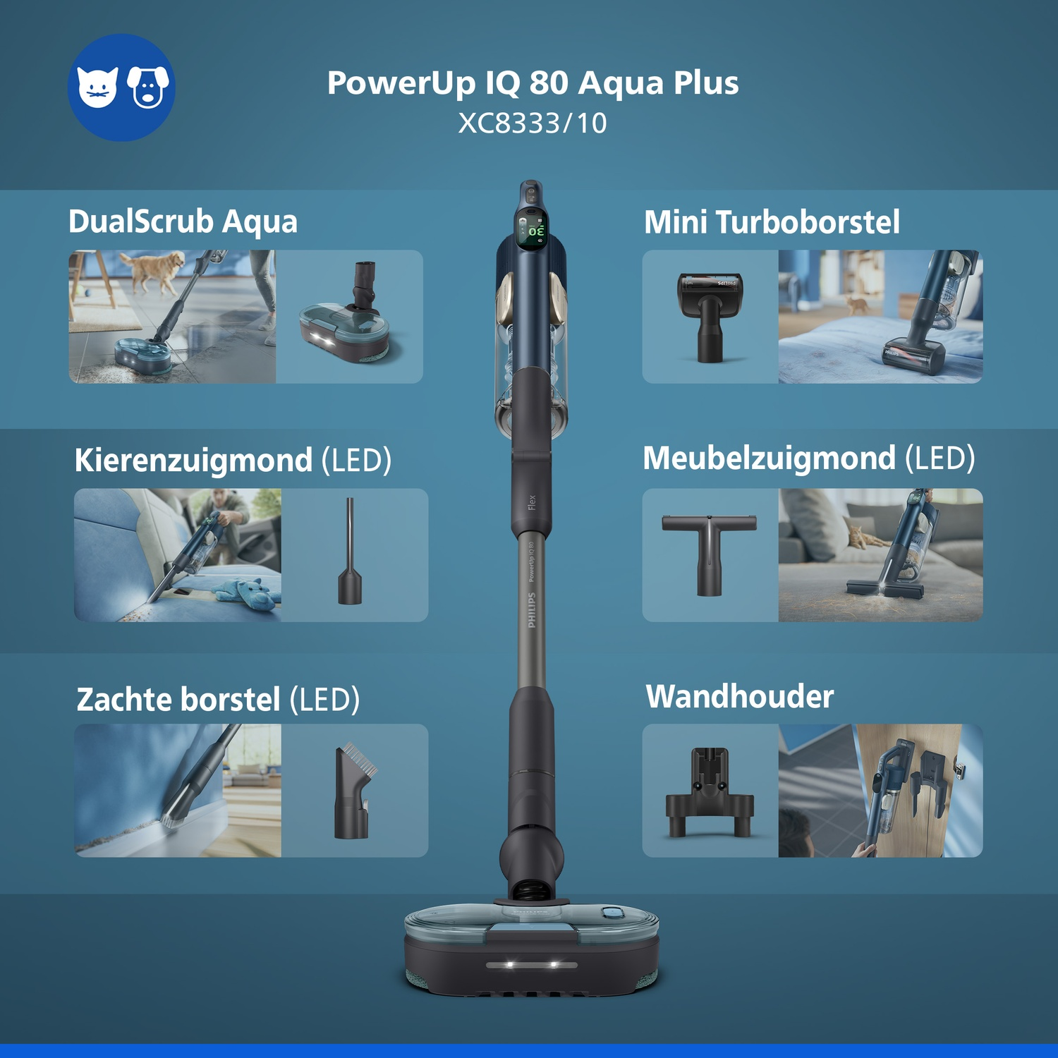 Philips PowerUp IQ 80 Aqua Plus vacuum cleaner with accessories on blue background.