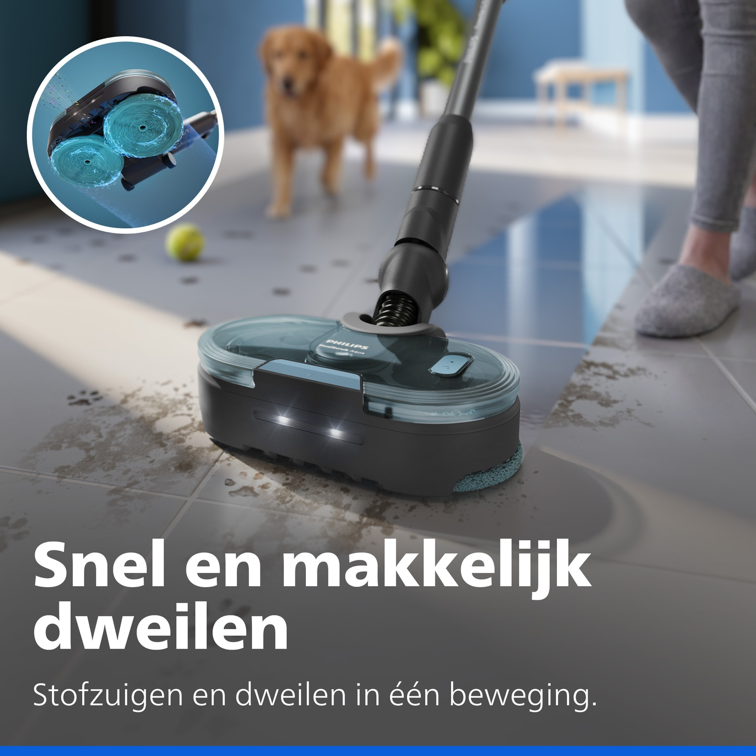 A Philips vacuum cleaner mops a dirty tiled floor with a dog and text in the background.