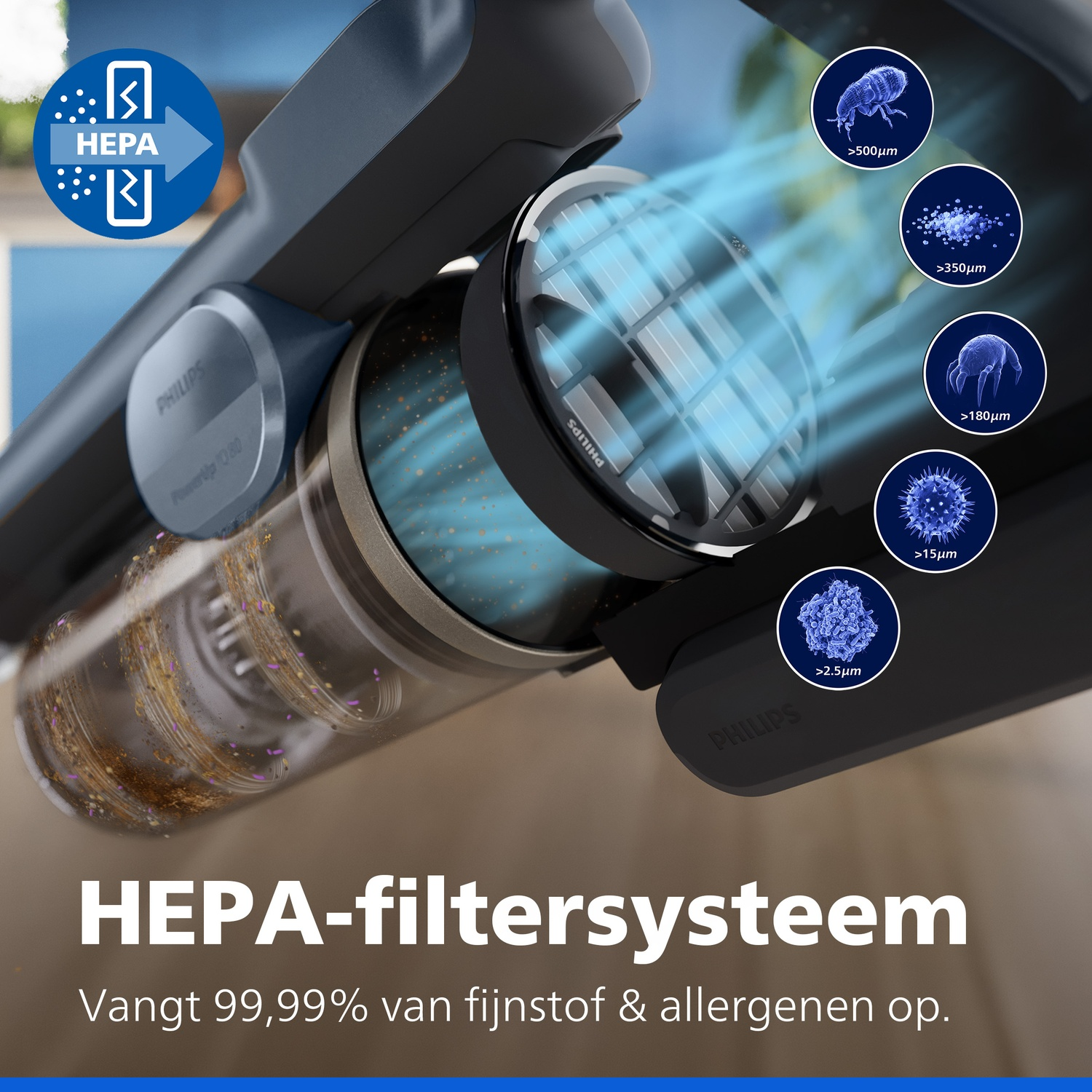 Diagram of a HEPA filter system capturing dust and allergens in a vacuum cleaner.