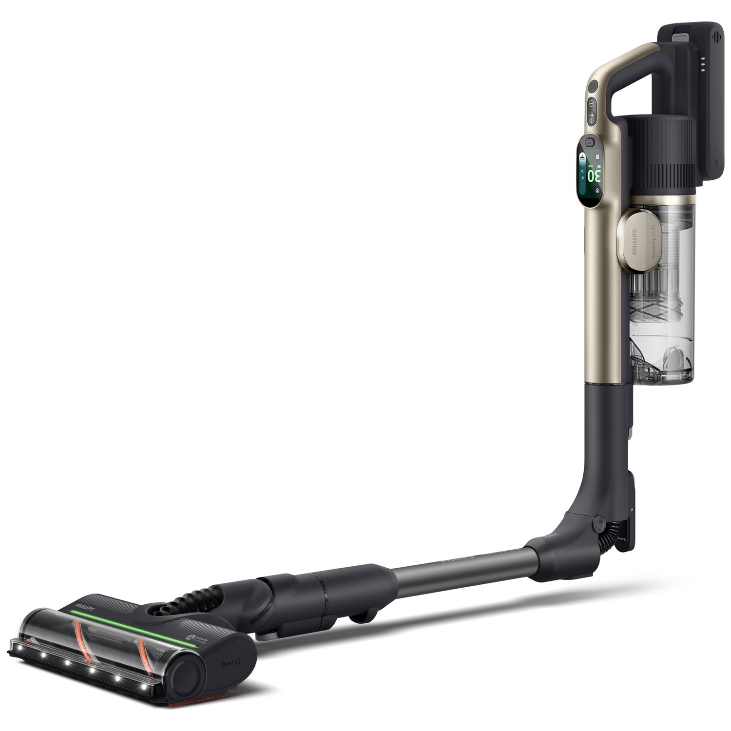 Gold and grey Philips cordless vacuum cleaner with illuminated floor nozzle on a white background.