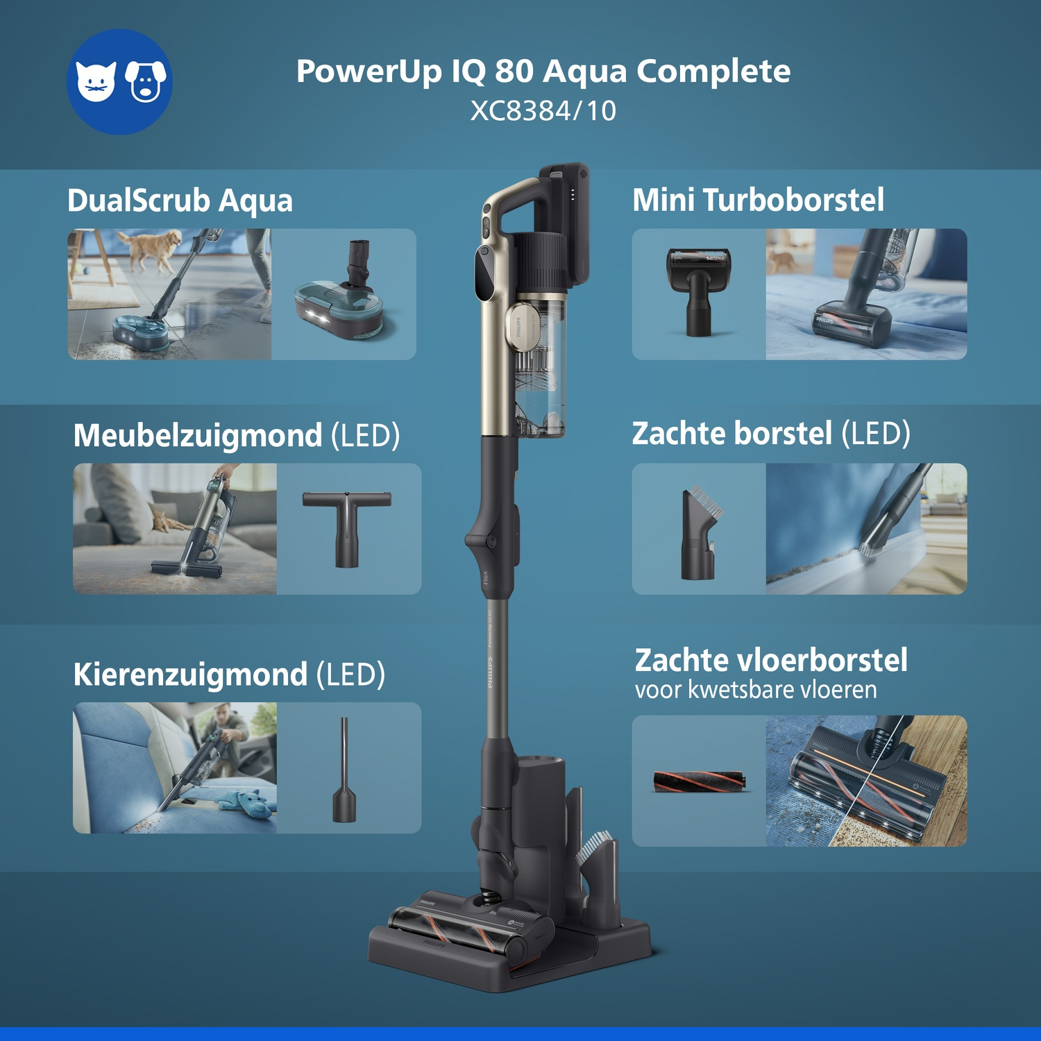 Philips PowerUp IQ 80 Aqua Complete vacuum cleaner with its included attachments on a blue background.