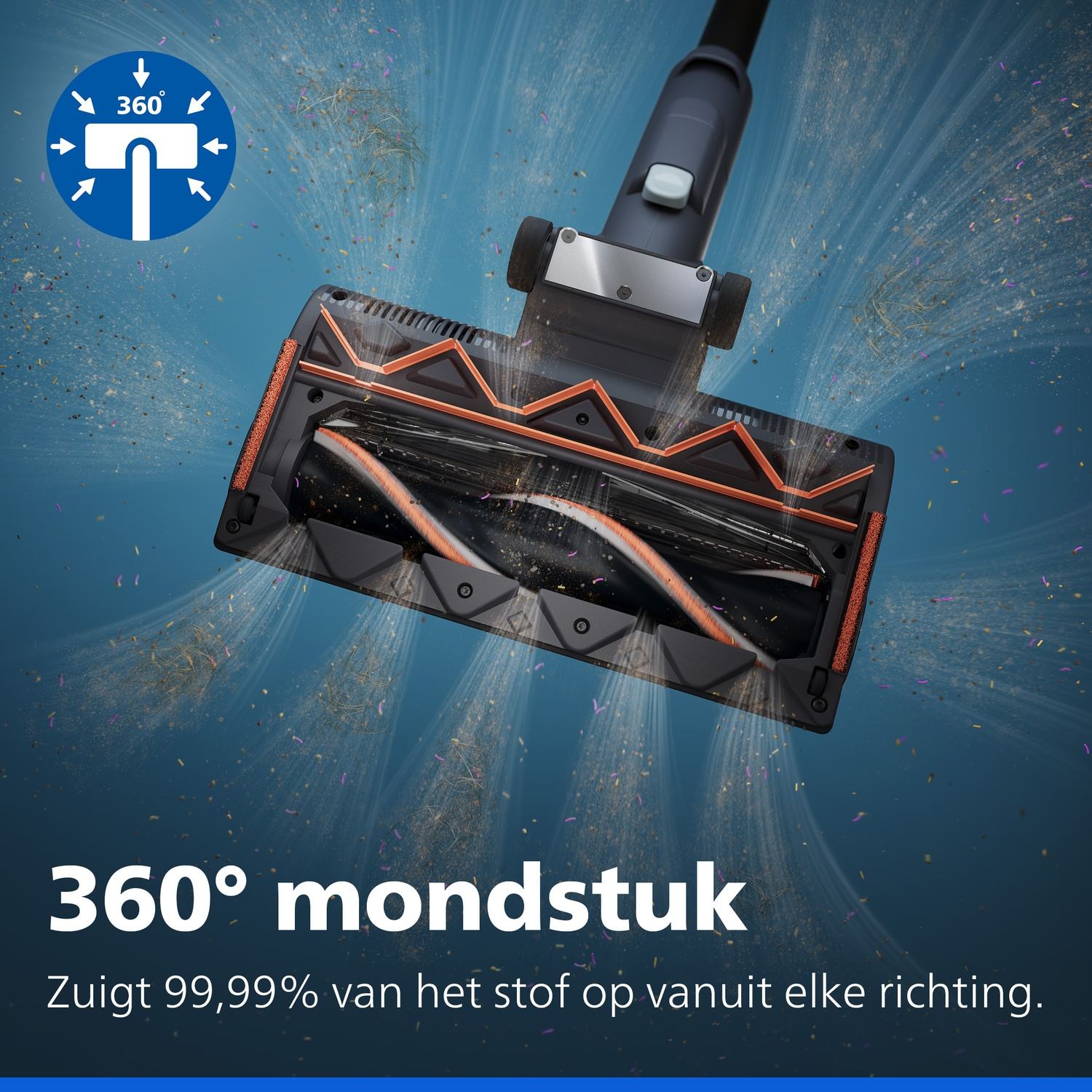 A 360-degree vacuum cleaner nozzle sucking in dust and debris from all directions on a blue background.