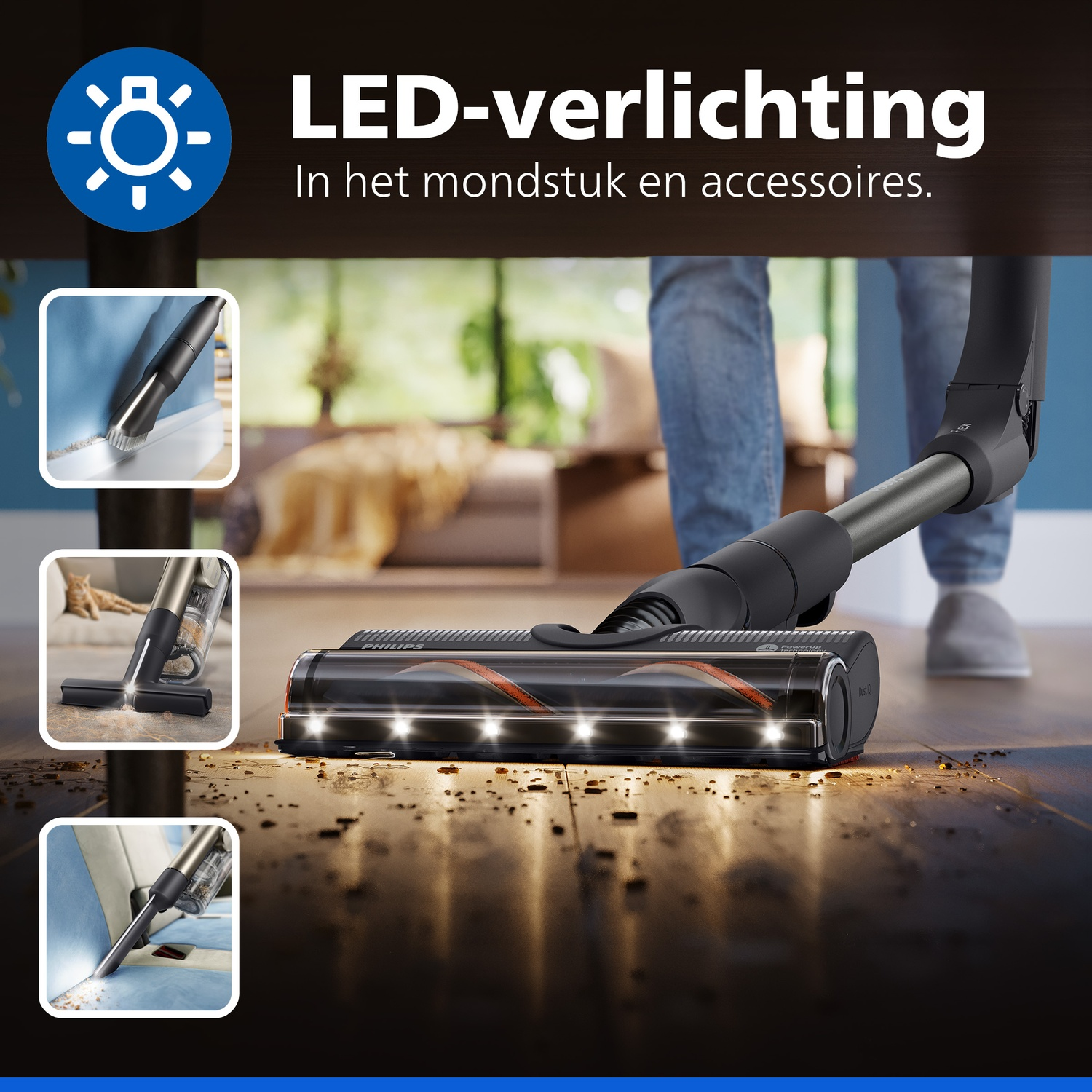 Vacuum cleaner with LED lighting on the nozzle, cleaning dirt from the floor.