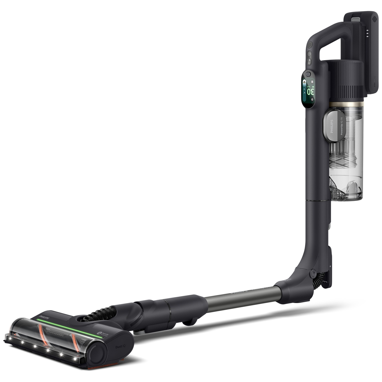 A grey cordless vacuum cleaner with a flexible tube and illuminated brush on a white background.