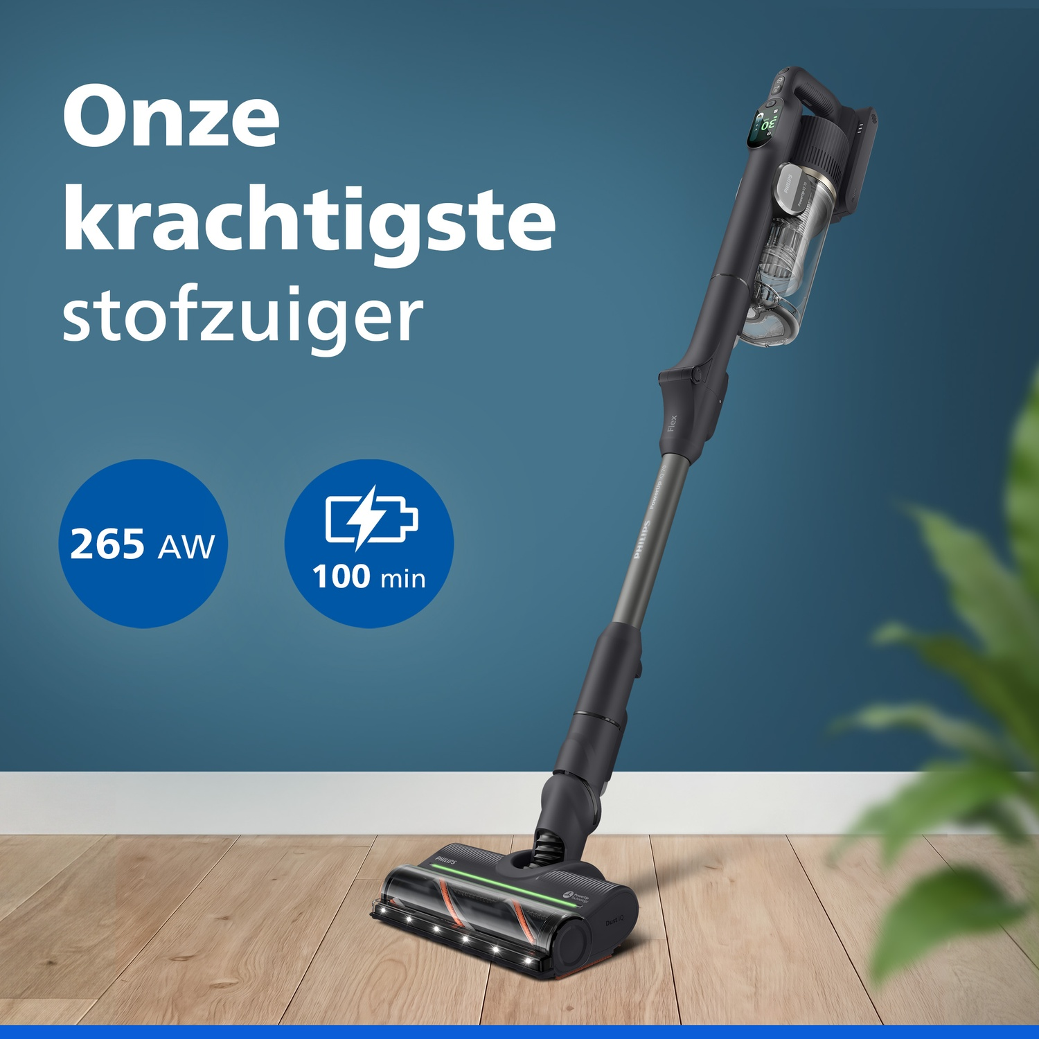A dark grey Philips cordless vacuum on a wooden floor with Dutch text and feature icons on a blue background.