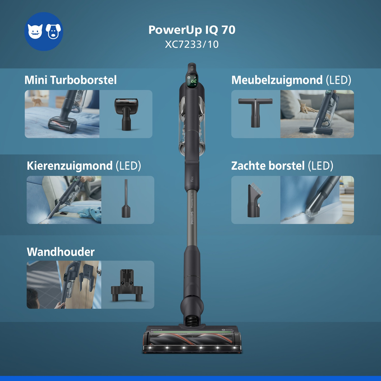 A Philips PowerUp IQ 70 vacuum cleaner displayed with its attachments on a blue background.