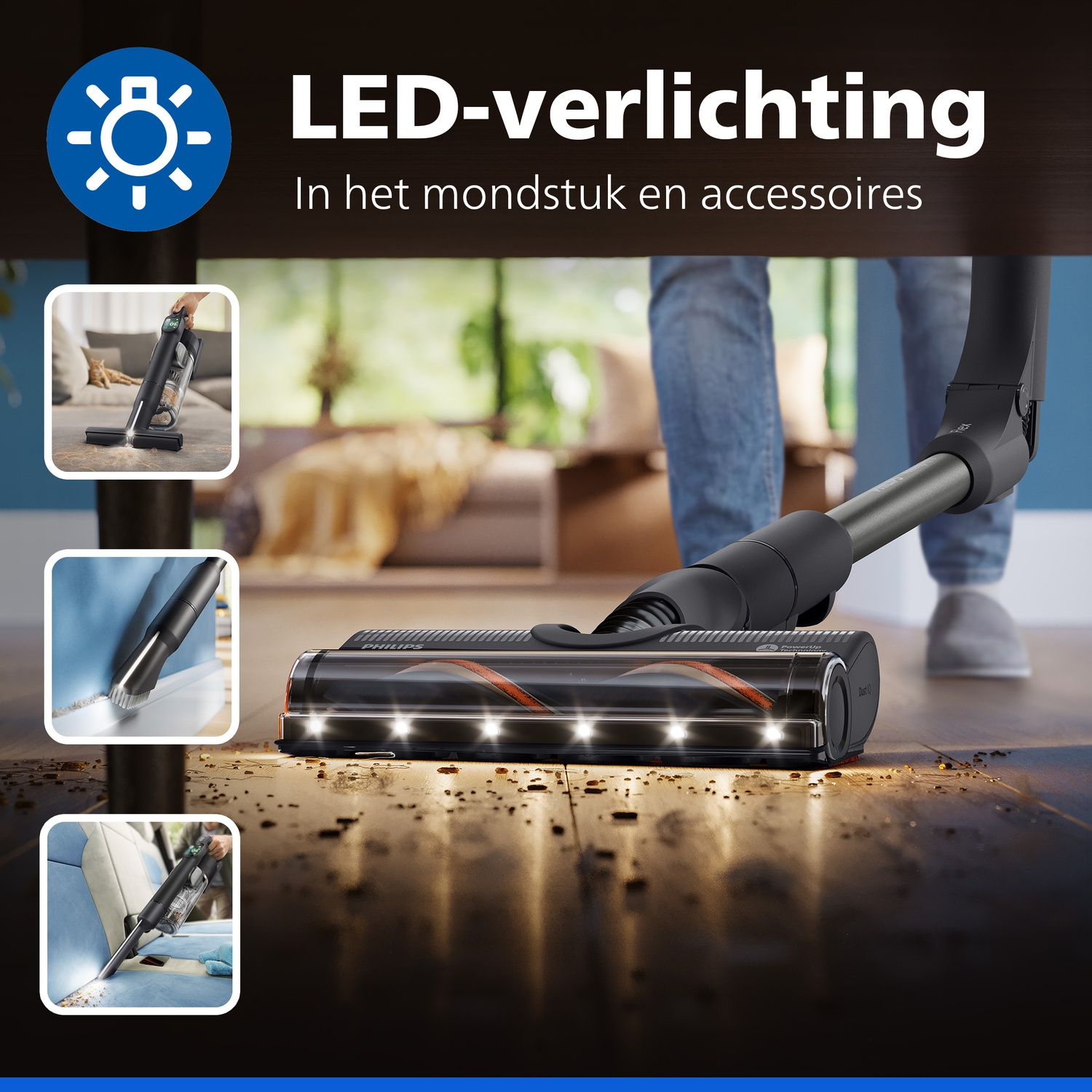 Vacuum cleaner with LED lighting on the nozzle makes cleaning in the dark easier.