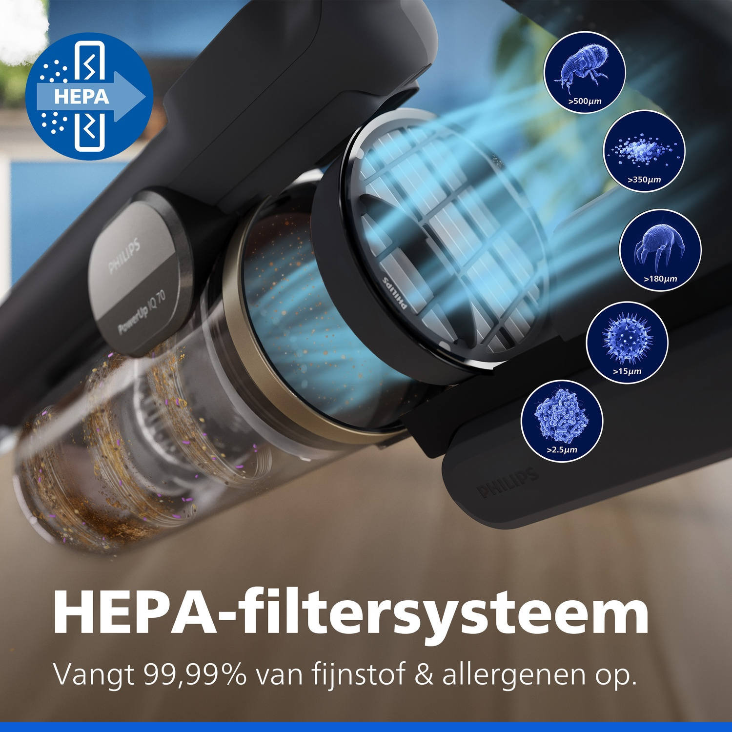 Philips vacuum cleaner HEPA filter system traps fine dust and allergens.