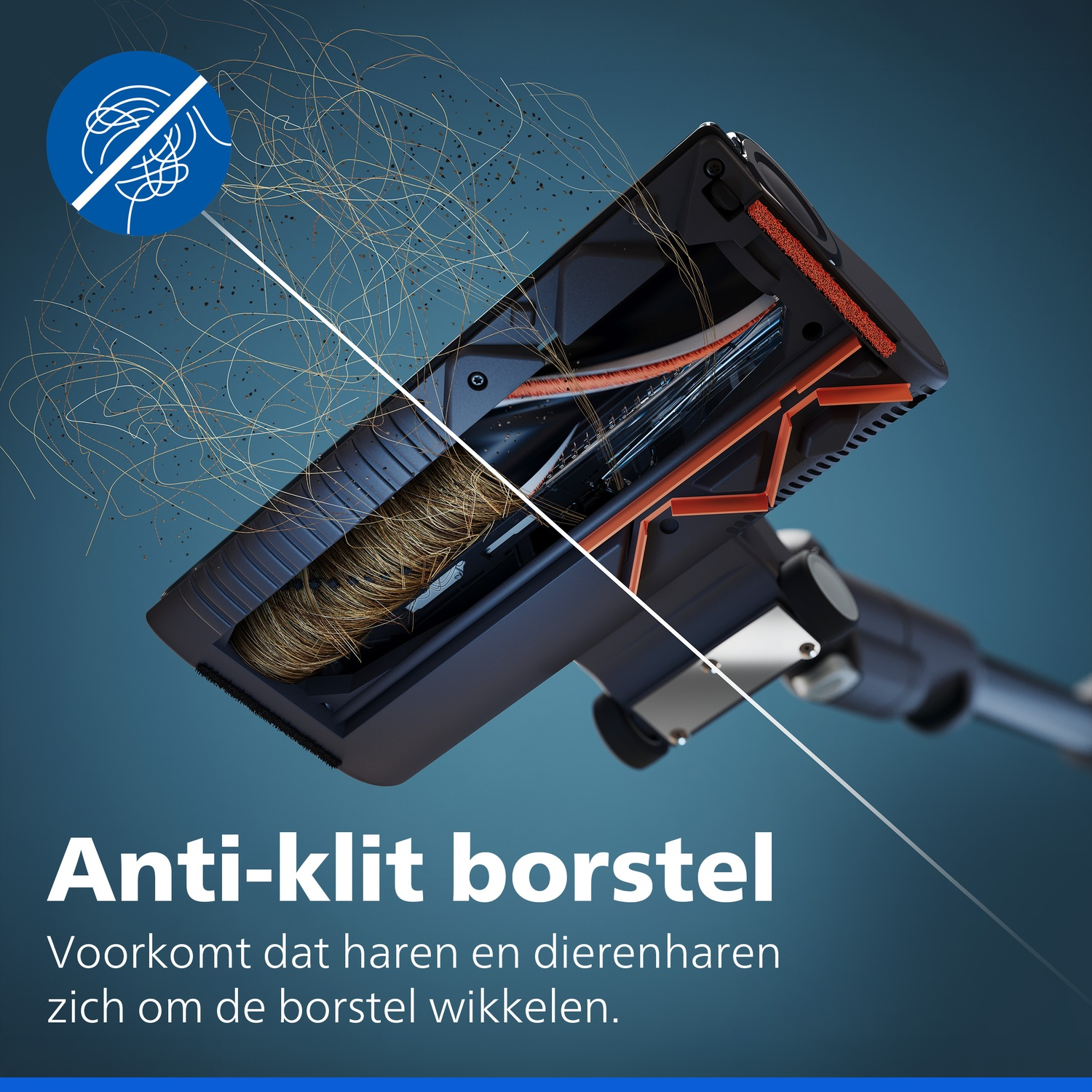 Anti-tangle brush prevents human and pet hair from wrapping around it.