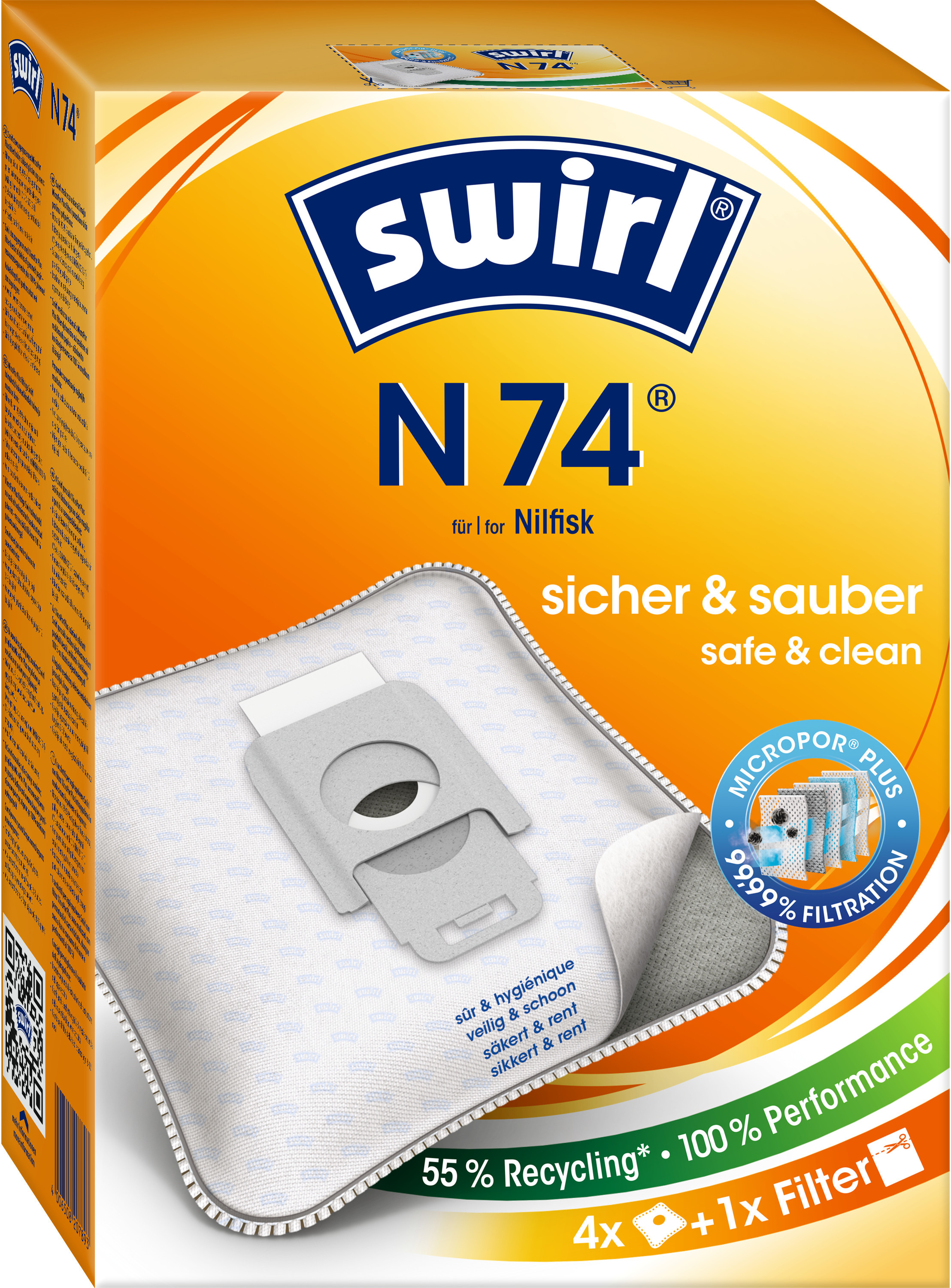 SWIRL N 74 Staubsaugerbeutel + 1 Filter 4 Stück, passend für: Nilfisk
