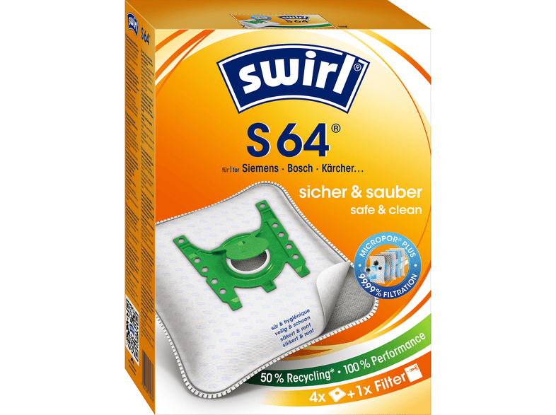 SWIRL S 64 Staubsaugerbeutel + 1 Filter 4 Stück, passend für: Siemens, Bosch, Kärcher