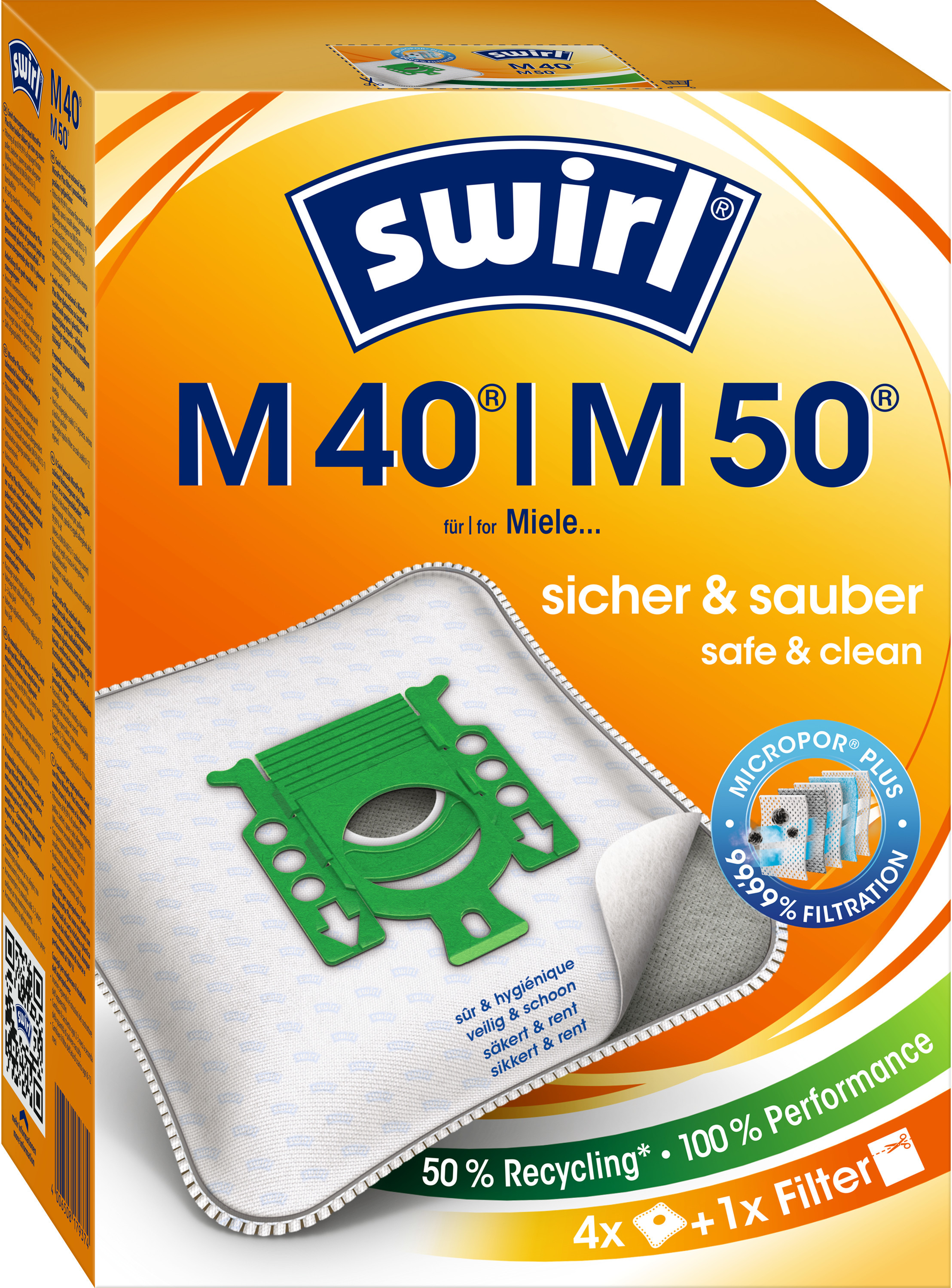 SWIRL M 40 / M 50 Staubsaugerbeutel + 1 Filter 4 Stück, passend für: Miele & Hoover