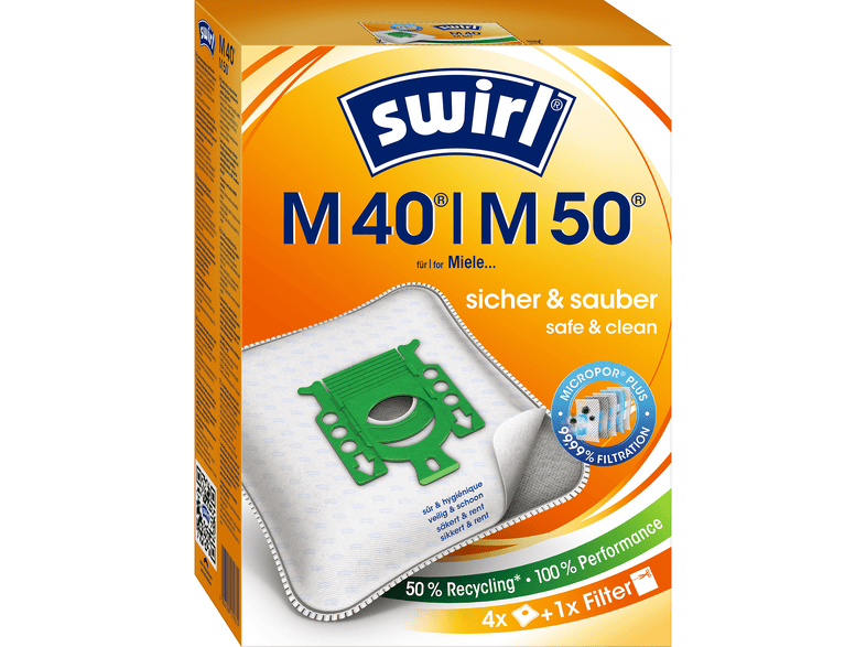 SWIRL M 40 / M 50 Staubsaugerbeutel + 1 Filter 4 Stück, passend für: Miele & Hoover
