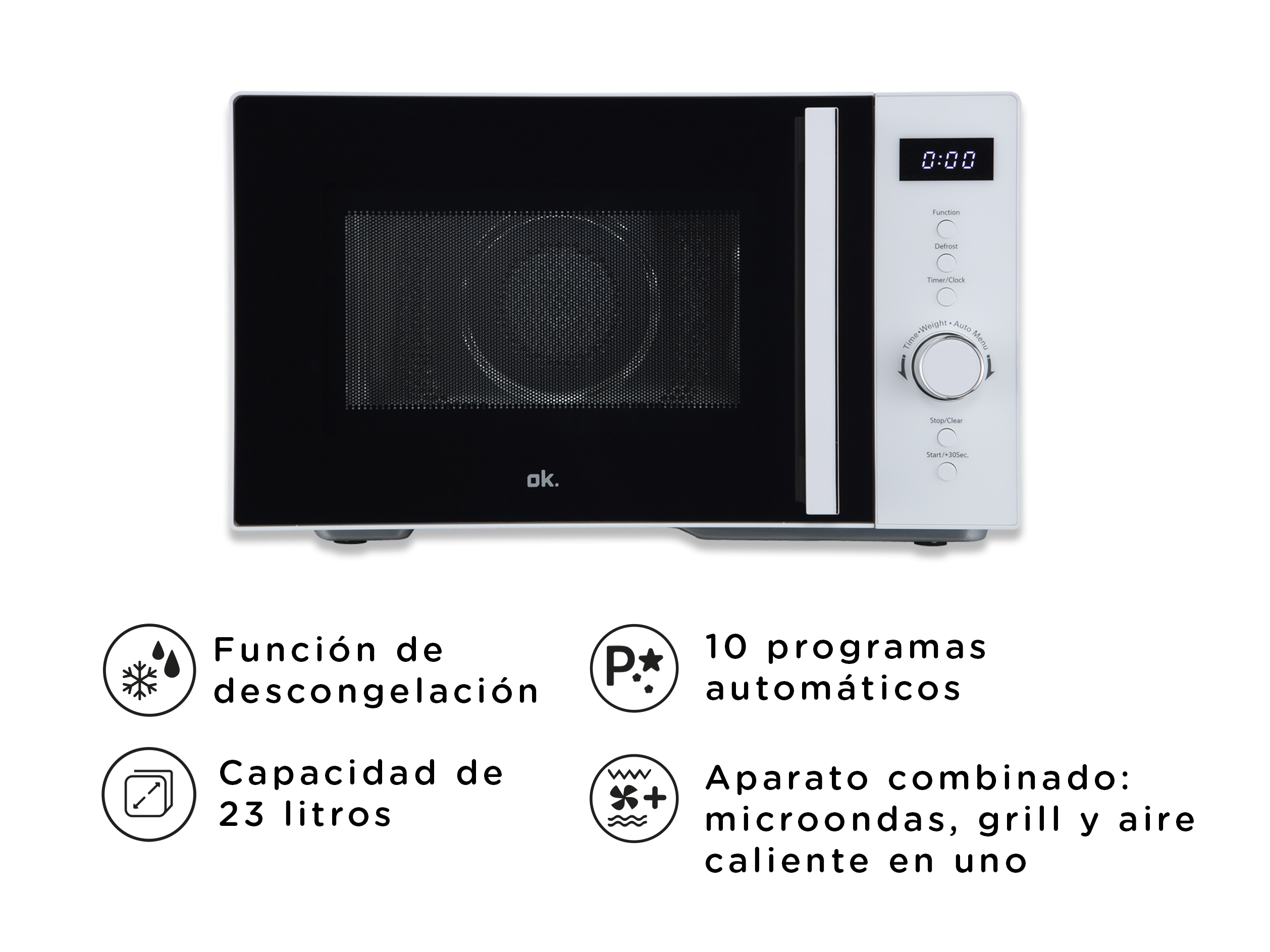 Microondas blanco y negro con pantalla digital, mando giratorio y cuatro iconos de funciones abajo.