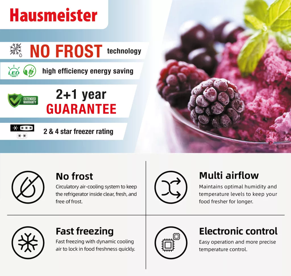 Hausmeister fagyasztó promóciós kép bogyókkal, No Frost és energiahatékonyság ikonokkal.