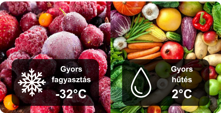 Fagyasztott bogyós gyümölcsök mínusz 32C-on és friss zöldségek-gyümölcsök 2C-on.