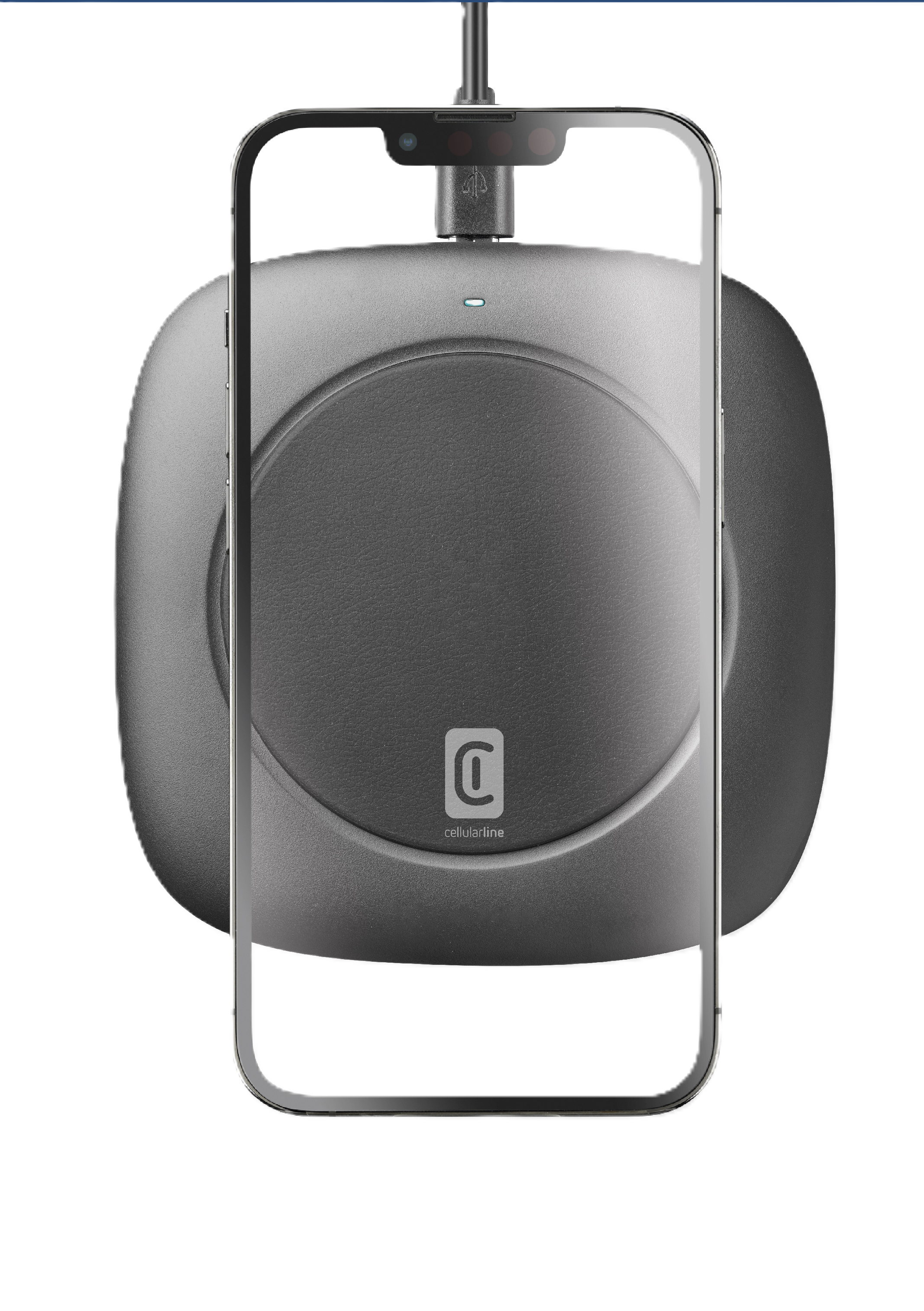 Cargador inalámbrico gris con logotipo de marca, conectado con un cable.