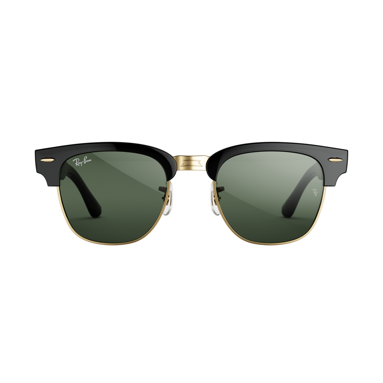 Gafas de sol Ray-Ban negras con montura dorada y lentes verdes sobre fondo negro.