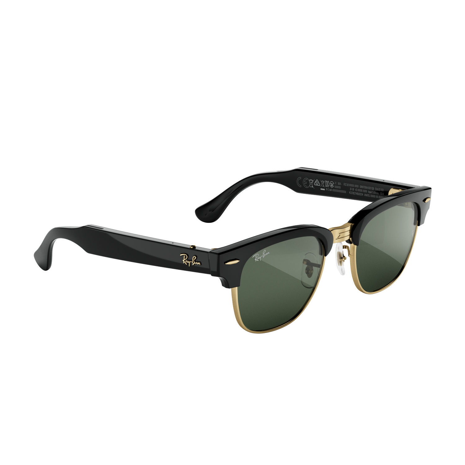 Gafas de sol Ray-Ban Clubmaster negras con montura dorada y lentes verdes sobre fondo negro.