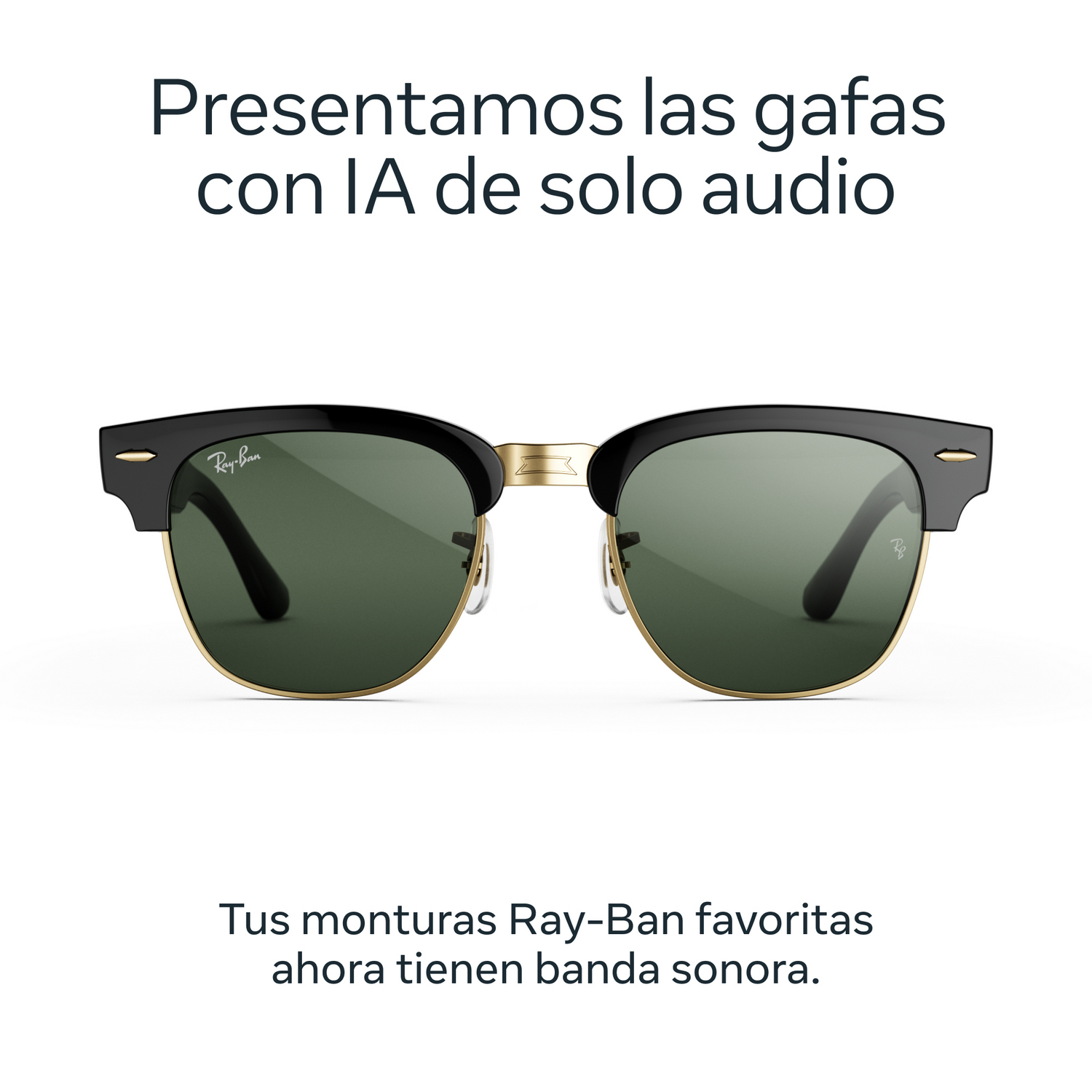 Gafas de sol Ray-Ban con montura negra y dorada y lentes verdes sobre fondo blanco, con texto promocional.