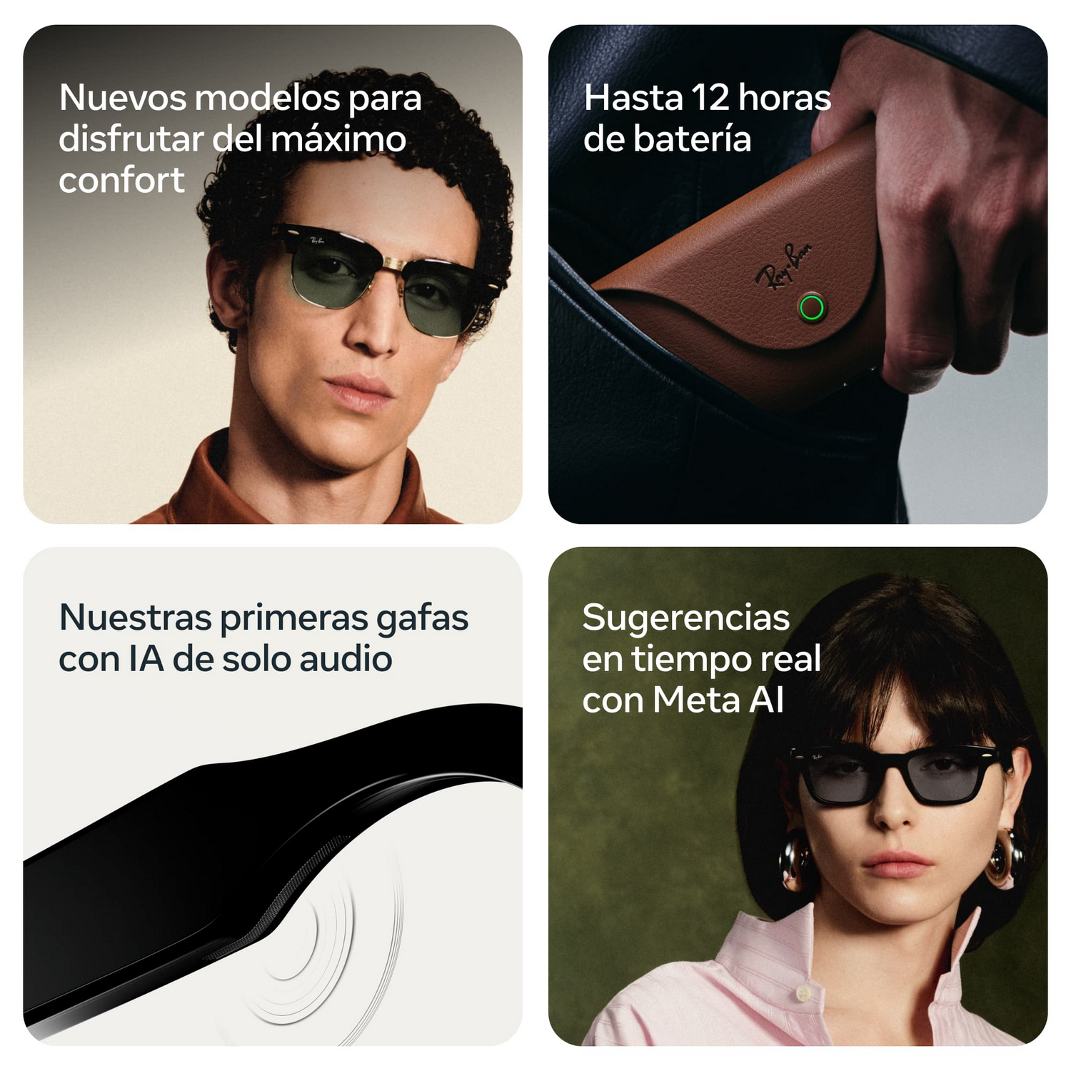 Cuatro paneles muestran gafas Ray-Ban Meta, estuches, funciones de IA y modelos con texto promocional en español.