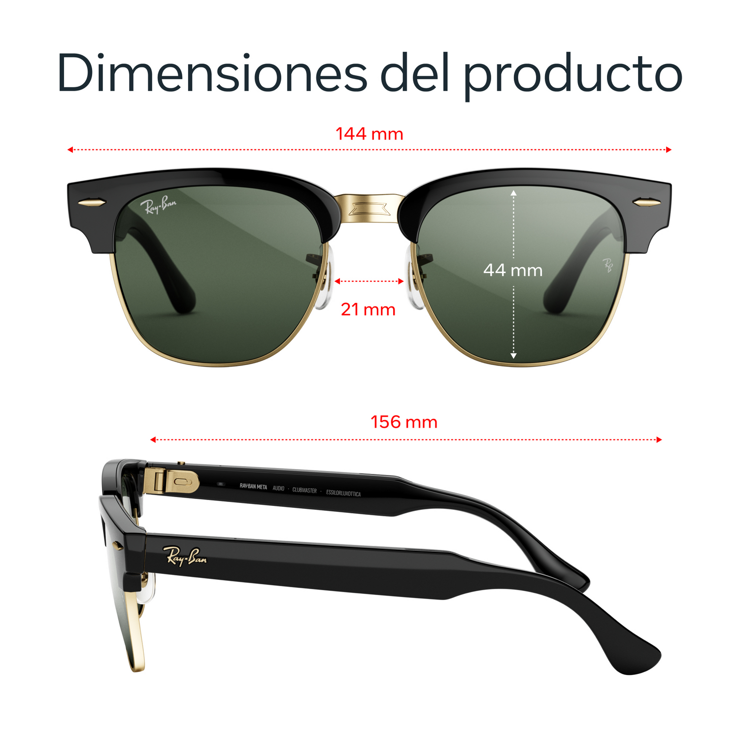Dibujo técnico que muestra las dimensiones de unas gafas de sol Ray-Ban.