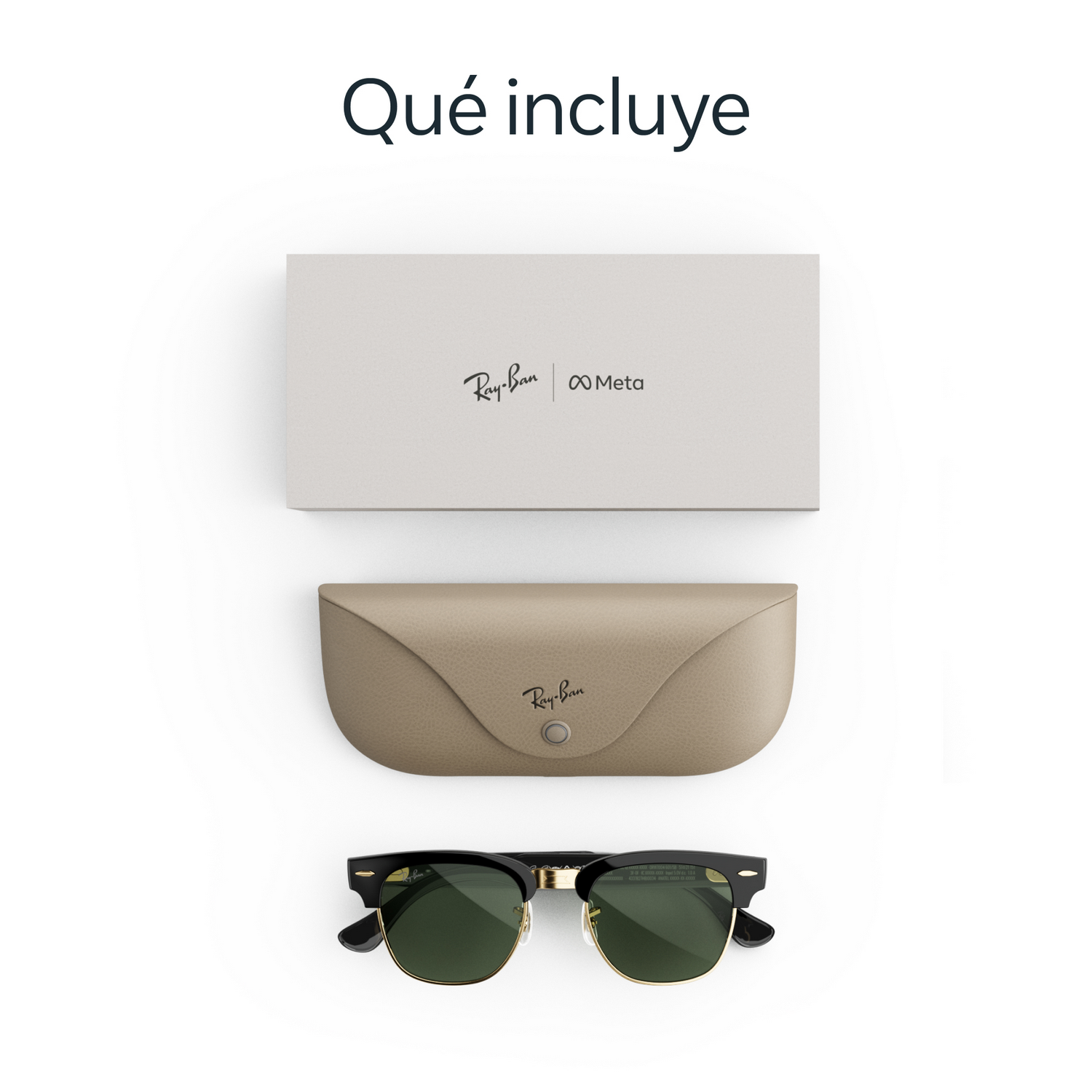 Gafas Ray-Ban Meta con estuche y caja sobre fondo blanco.