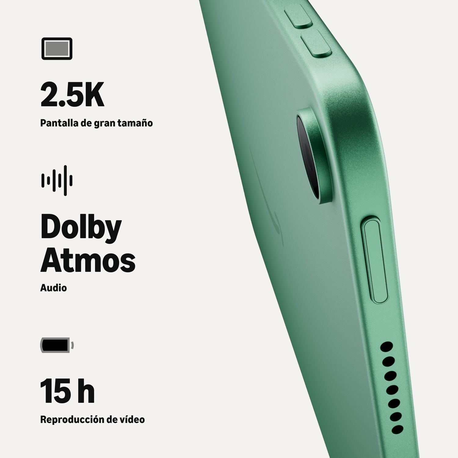 Tableta verde con cámara, botones y texto sobre fondo claro.