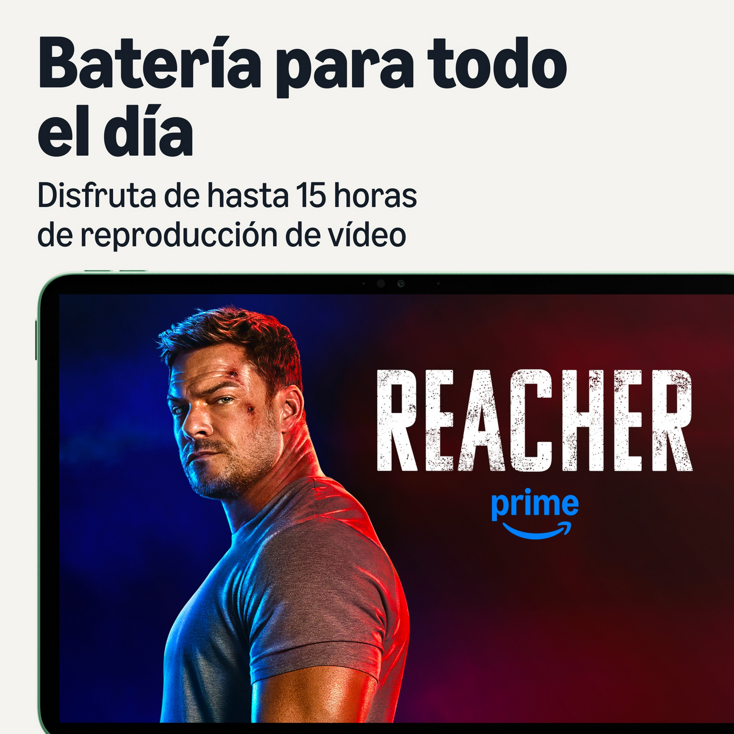 Pantalla de tablet mostrando la serie Reacher de Prime con texto sobre batería.