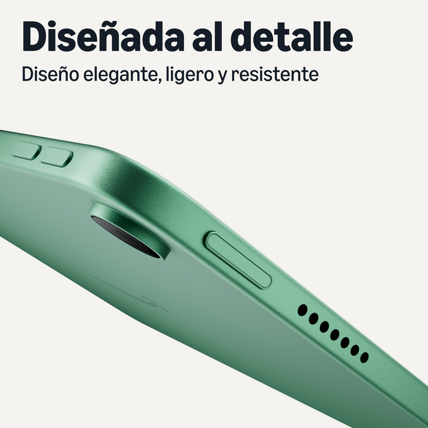 Primer plano del lateral de un smartphone verde con botones y altavoces sobre fondo claro.
