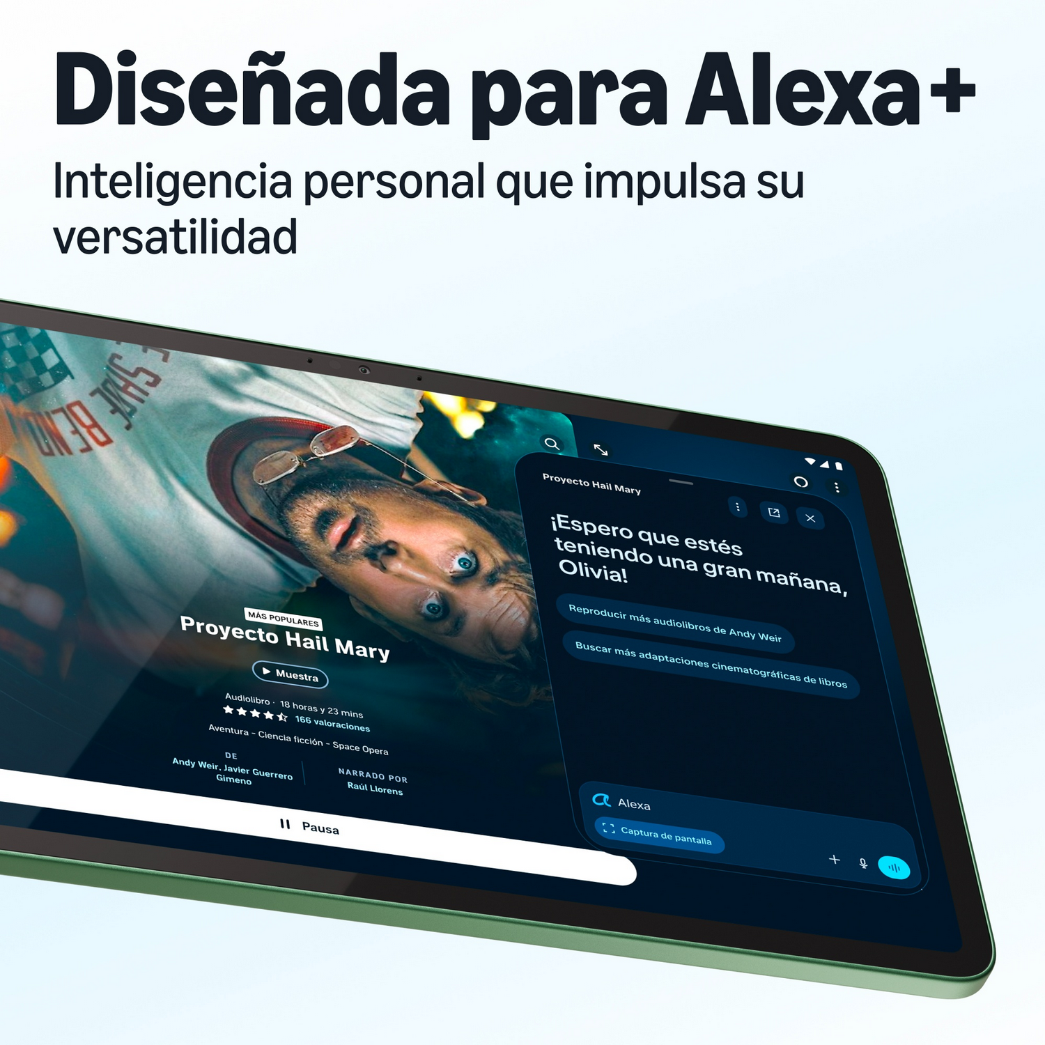 Una tableta muestra una pantalla con texto en español y la portada de un audiolibro.