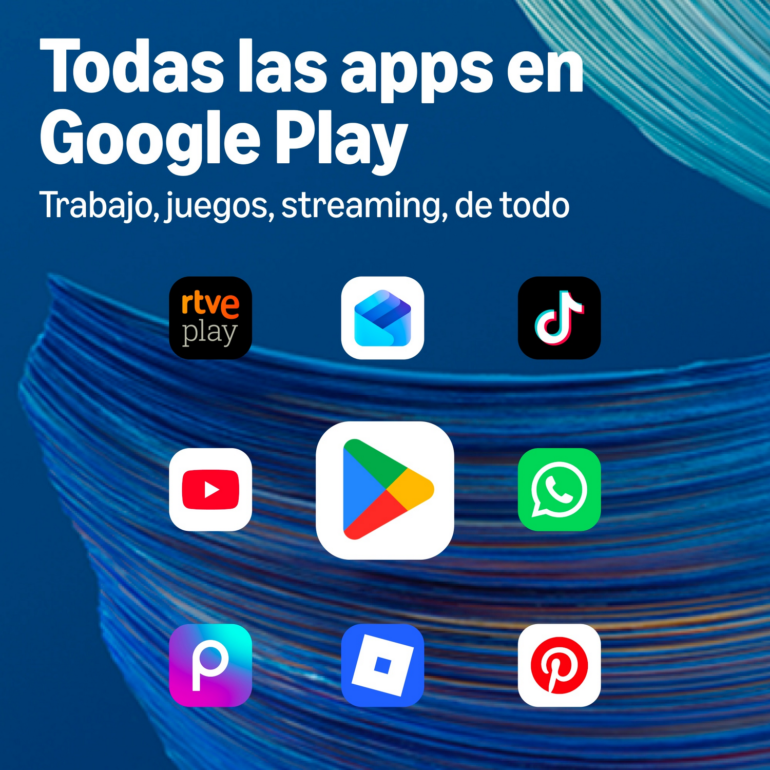 Gráfico promocional de Google Play con iconos de aplicaciones y texto en español sobre fondo azul.