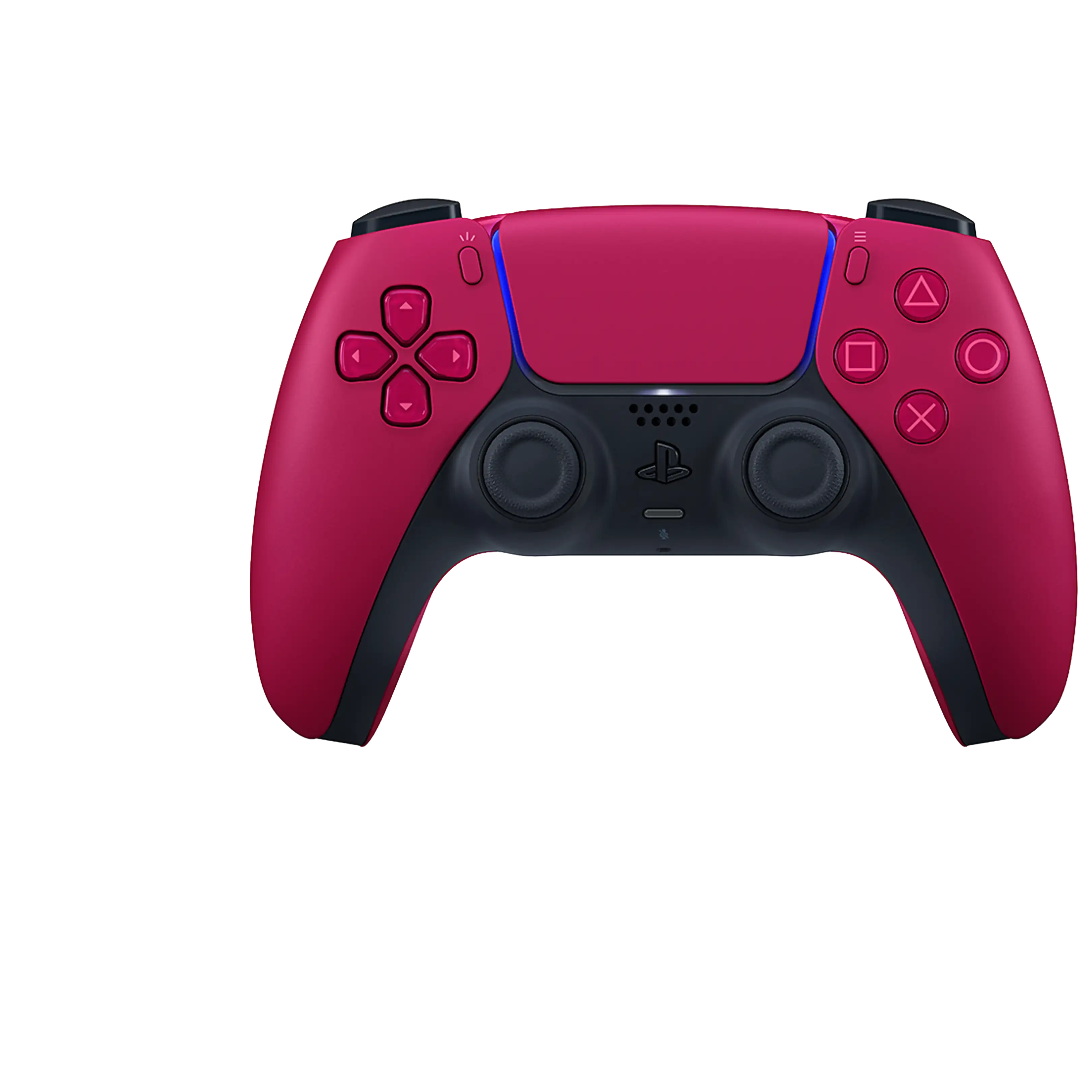 Różowo-czarny kontroler bezprzewodowy PlayStation DualSense na czarnym tle.