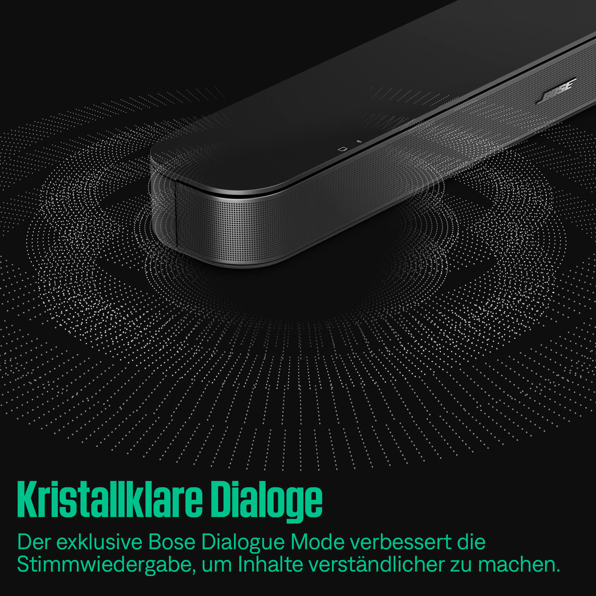 Eine schwarze Bose Soundbar vor dunklem Hintergrund mit grafischen Schallwellen.