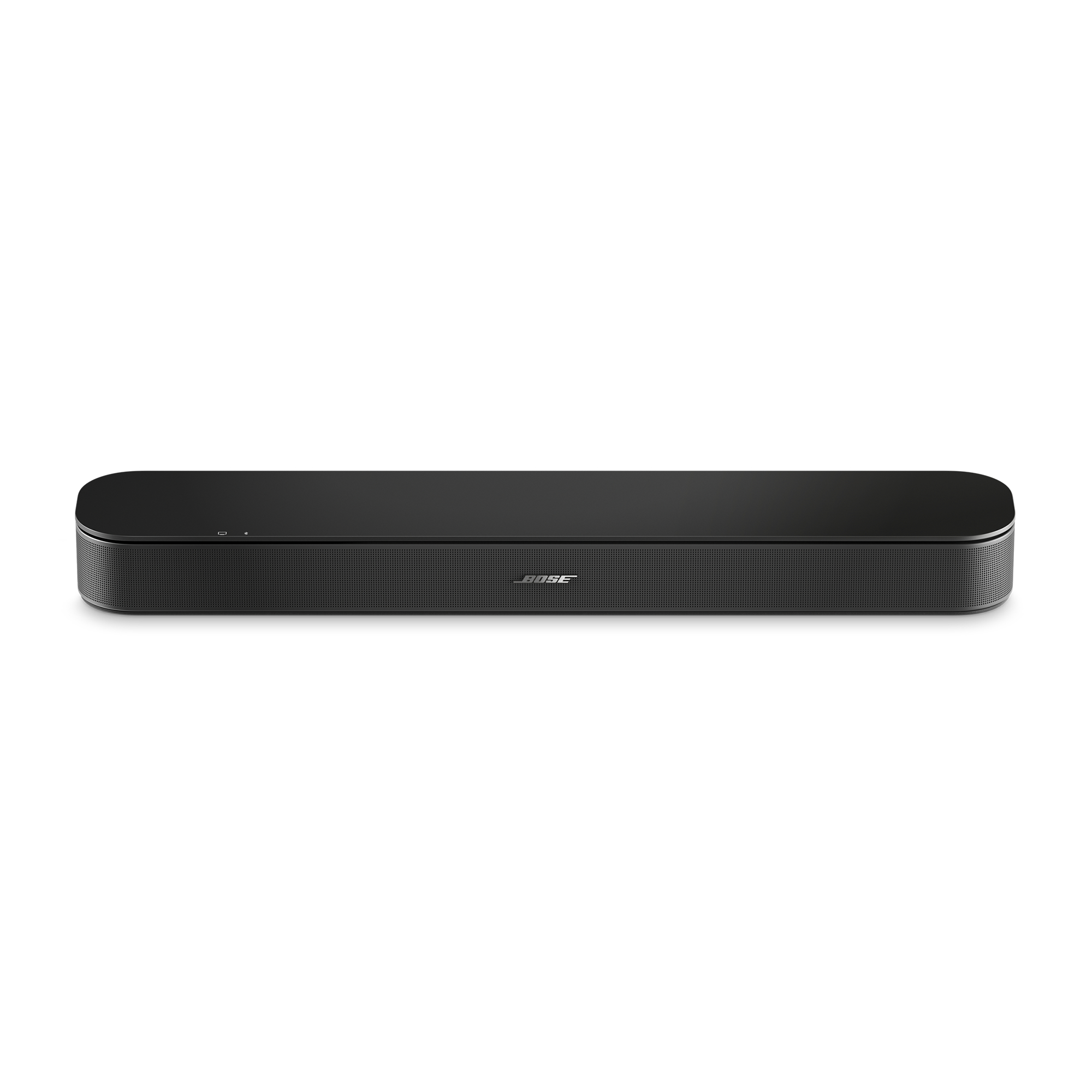 Schwarze Bose Soundbar mit abgerundeten Kanten und integriertem Lautsprechergitter auf weißem Hintergrund.