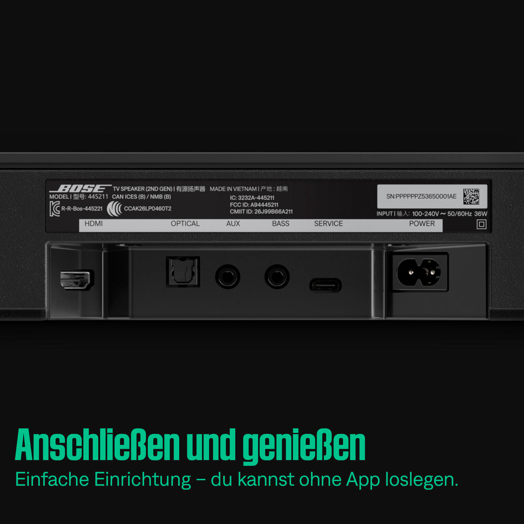 Rückseite einer schwarzen Bose TV Speaker Soundbar mit HDMI-, Optical-, AUX-, Bass-, Service- und Stromeingängen.