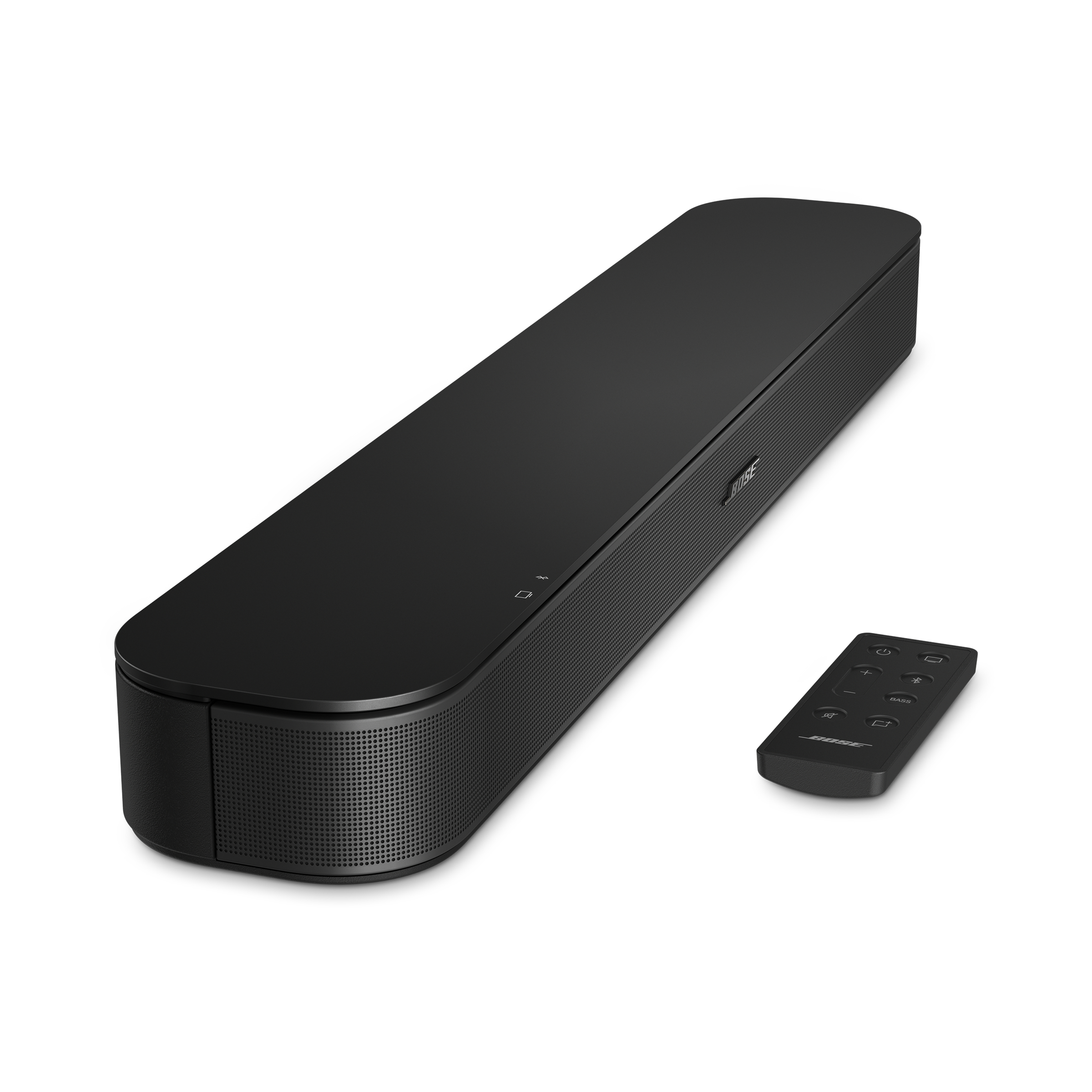 Schwarze Bose-Soundbar mit abgerundeten Ecken und einer kleinen Fernbedienung auf weißem Hintergrund.