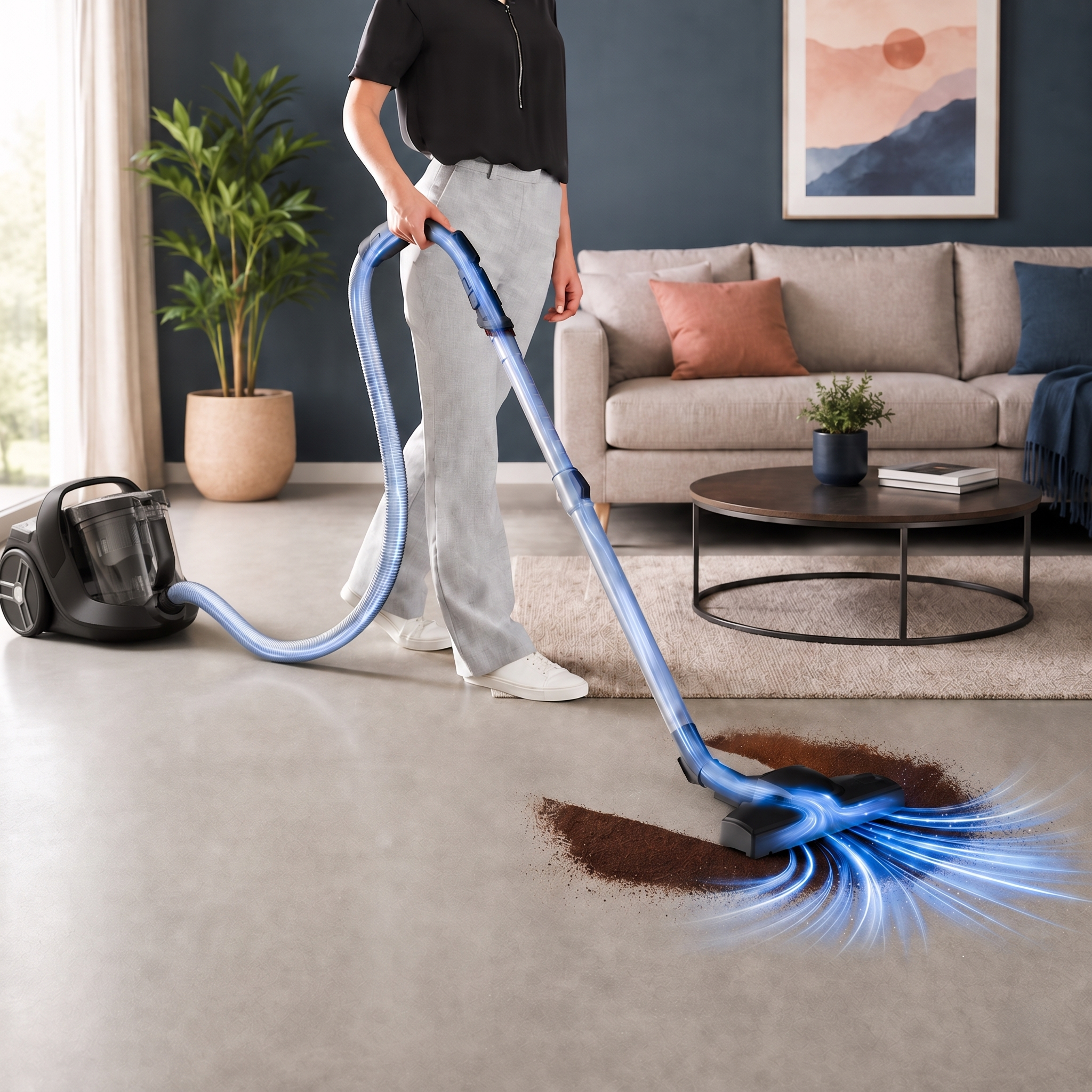 Egy nő egy modern nappaliban kávézaccot takarít fel egy kék porszívócsővel.